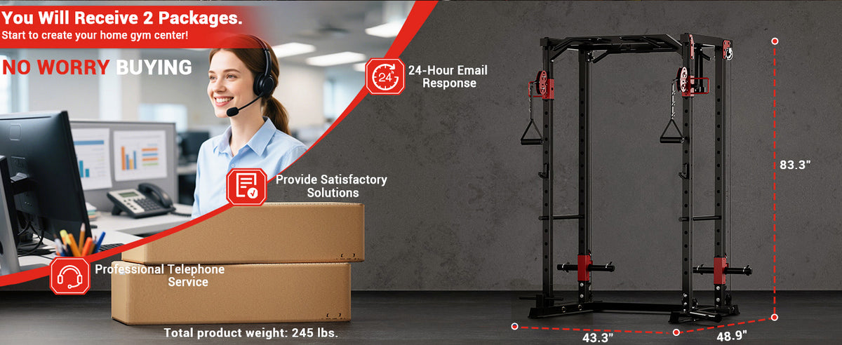 Multi-Functional Power Rack for Home Gym – Dual Pulley Cable System, 1200 lb Capacity Squat Cage with Training Attachments, Red