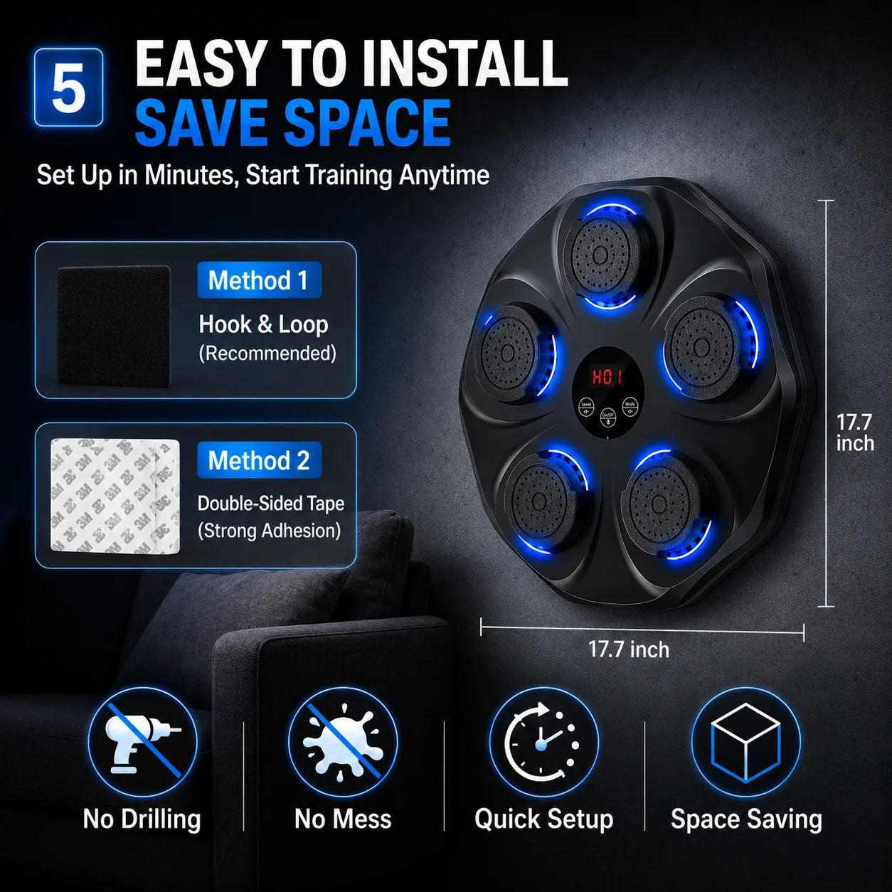 5 Target Smart Music Boxing Trainer LED Indicator Electronic Boxing Wall Target Bluetooth Sync Rhythm Count Display Multi Training Mode Professional Boxing Reaction Exercise Fitness Machine Complete Boxing Kit