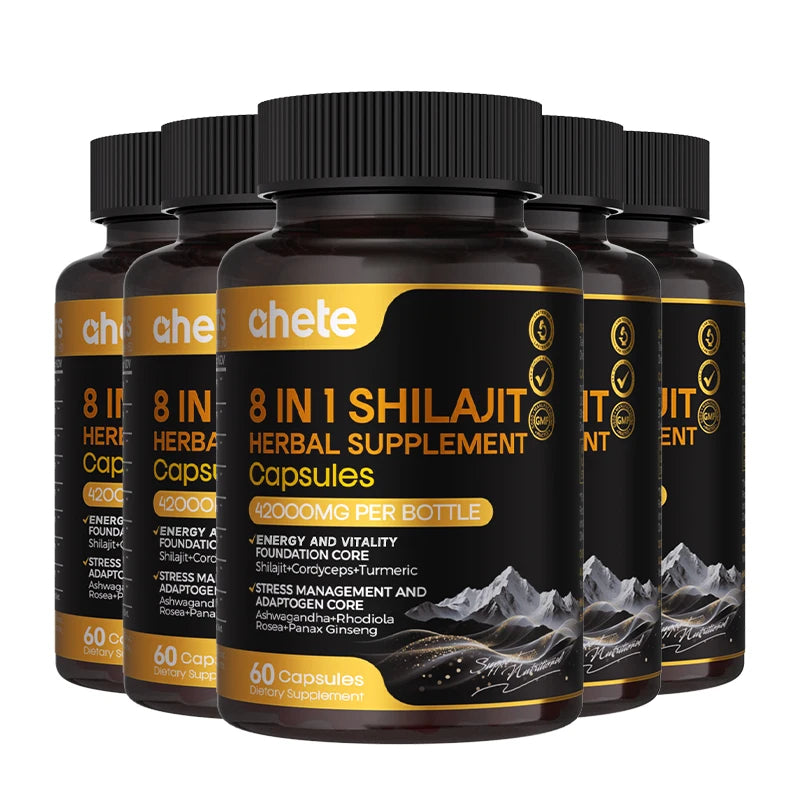 AHETE 8-in-1 Shilajit Capsules - Sports & Health Supplement Capsules With Shilajit, Indian Ginseng, Rhodiola Rosa, Cordyceps.