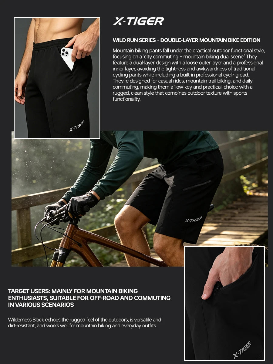 X-TIGER 2 in 1 Cycling Shorts Double Layer Loose Casual MTB Padded Shorts Waterproof Wearproof For Mountain Off-road Urban Commute Daily Wear