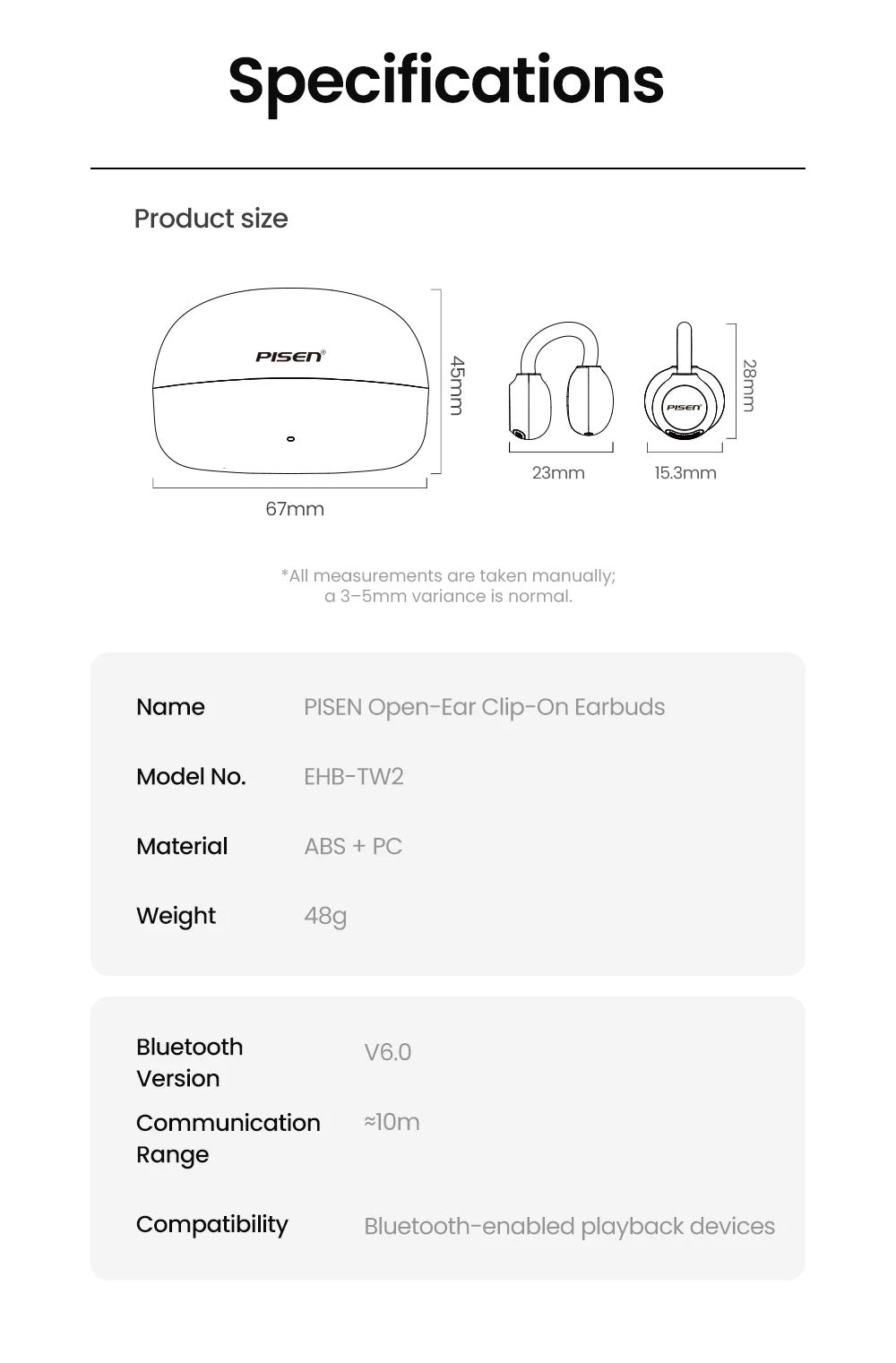 PISEN Wireless Bluetooth 6.0 Hi-Res Ear Clip Earphones 360° Directional Sound Field Long Battery Life Sports Clip Earbuds 30H Pl