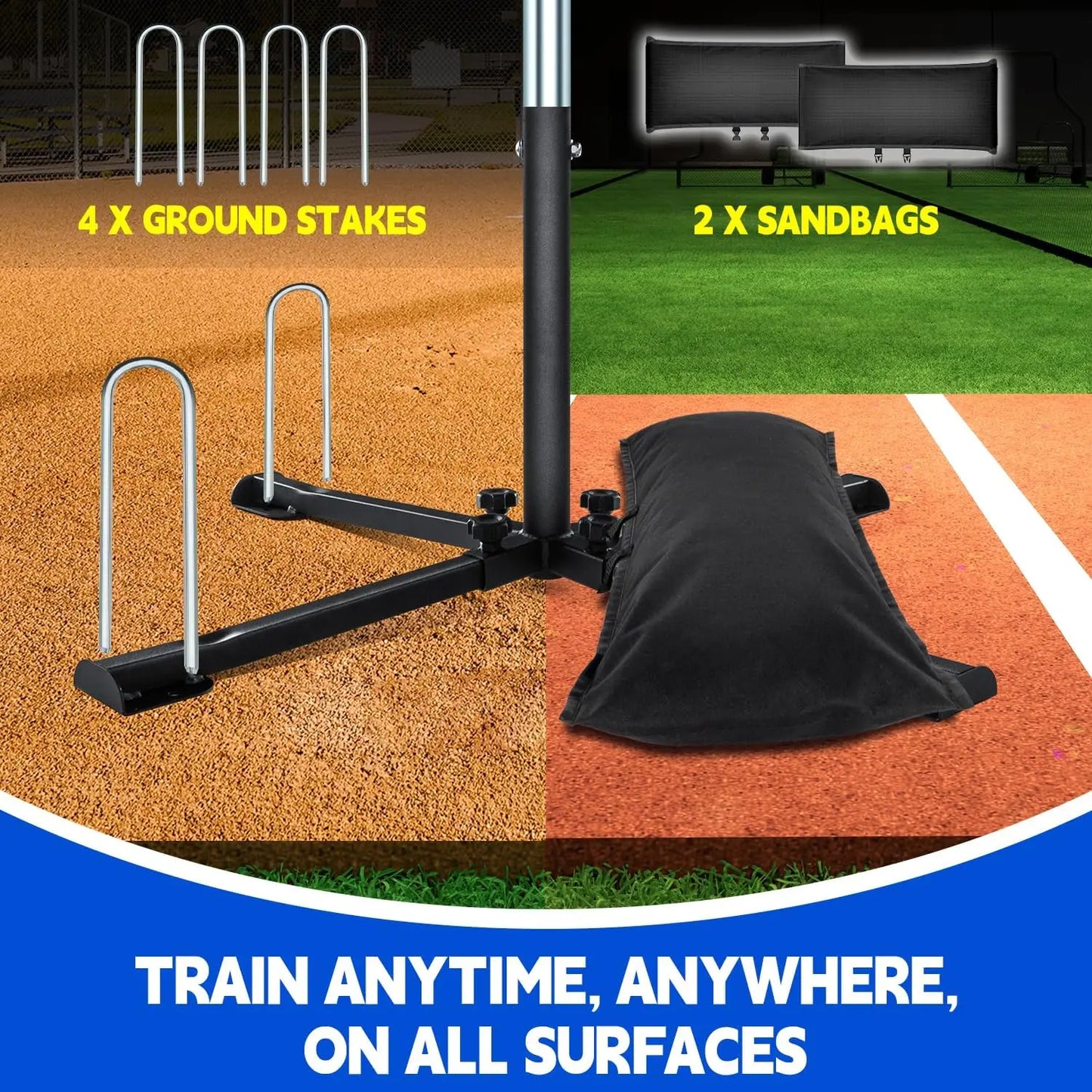 Height Adjustable Batting Tee with Tethered Ball, 20" to 45" | Metal X-Base with 4 Ground Stakes & 2 Sandbags for Maximum Stability – Baseball & Softball Hitting Trainer