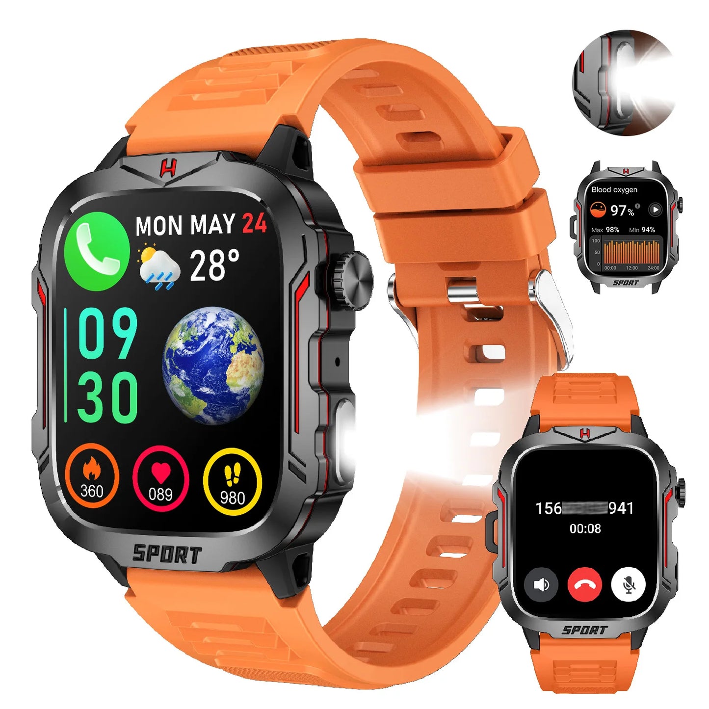Strong Flashlight Smart Watch for Men/Women, 1.96'' Screen Fitness Tracker with AI Voice Assistant/ Bluetooth Call/ 100+Sports