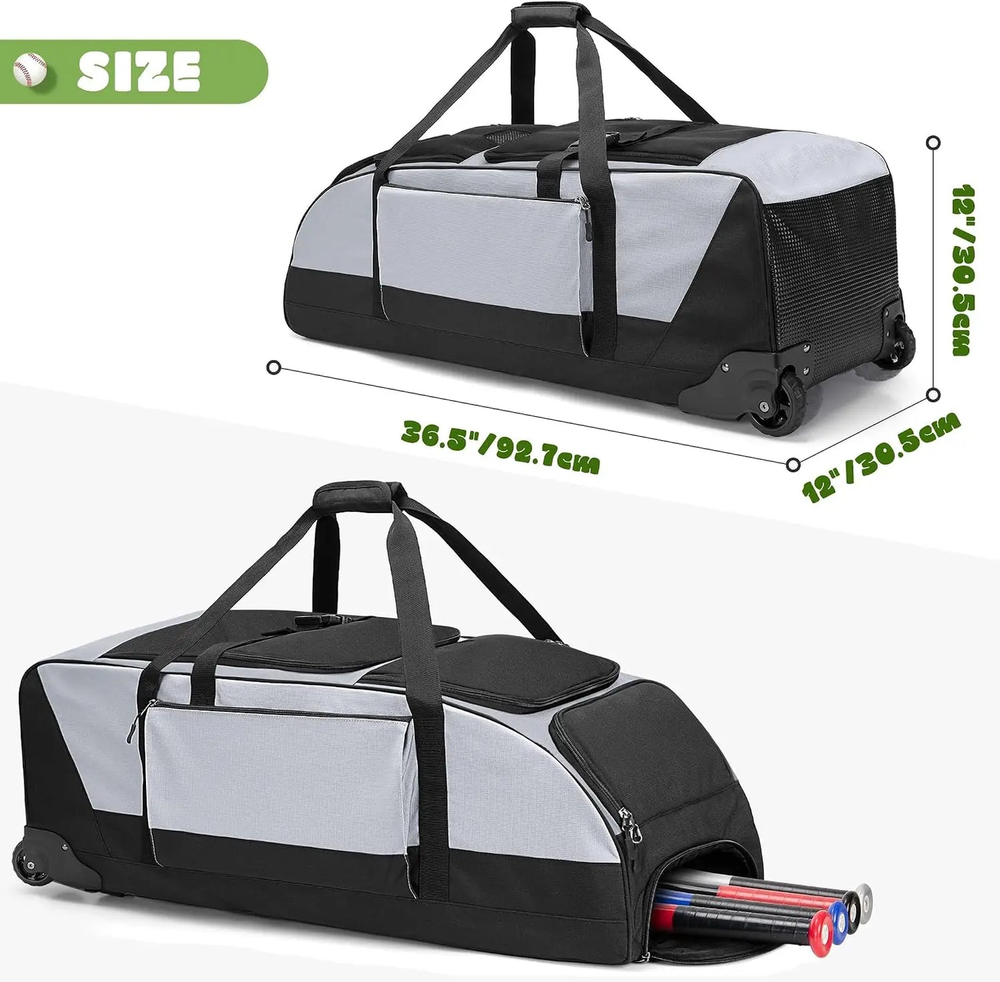 Rolling Baseball Softball Bag with Wheels for 4 Bats, Catchers Bag, Duffle Bag with Separate Shoe Space and Multiple Pockets for Gear, Gray