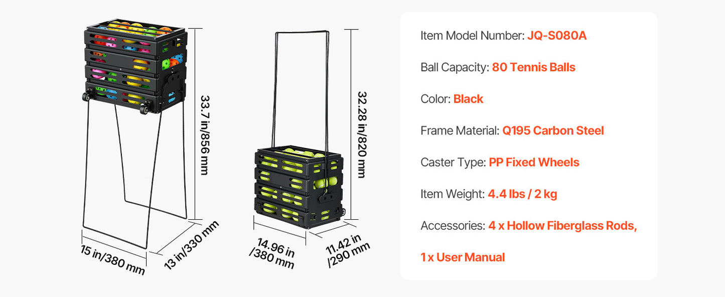 SucceBuy Tennis Ball Hopper Holds 80 Tennis Balls Portable Pickleball Collection Caddy with Wheels for Training Carrying Storage