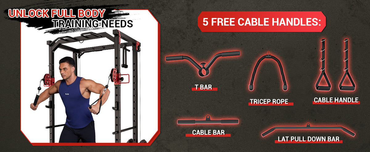 Multi-Functional Power Rack for Home Gym – Dual Pulley Cable System, 1200 lb Capacity Squat Cage with Training Attachments, Red