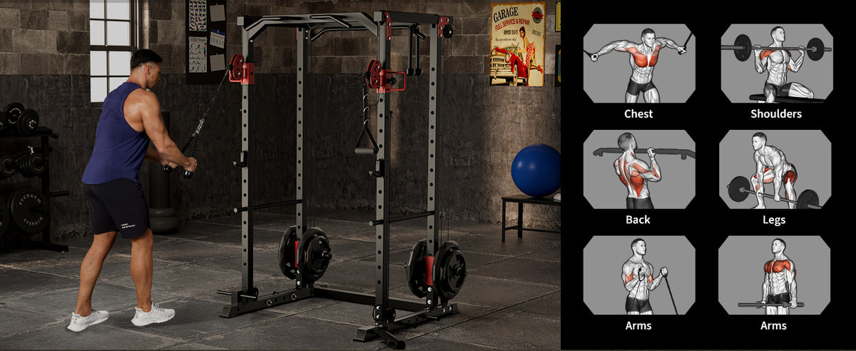 Multi-Functional Power Rack for Home Gym – Dual Pulley Cable System, 1200 lb Capacity Squat Cage with Training Attachments, Red