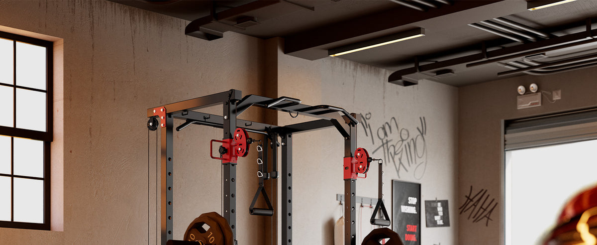 Multi-Functional Power Rack for Home Gym – Dual Pulley Cable System, 1200 lb Capacity Squat Cage with Training Attachments, Red