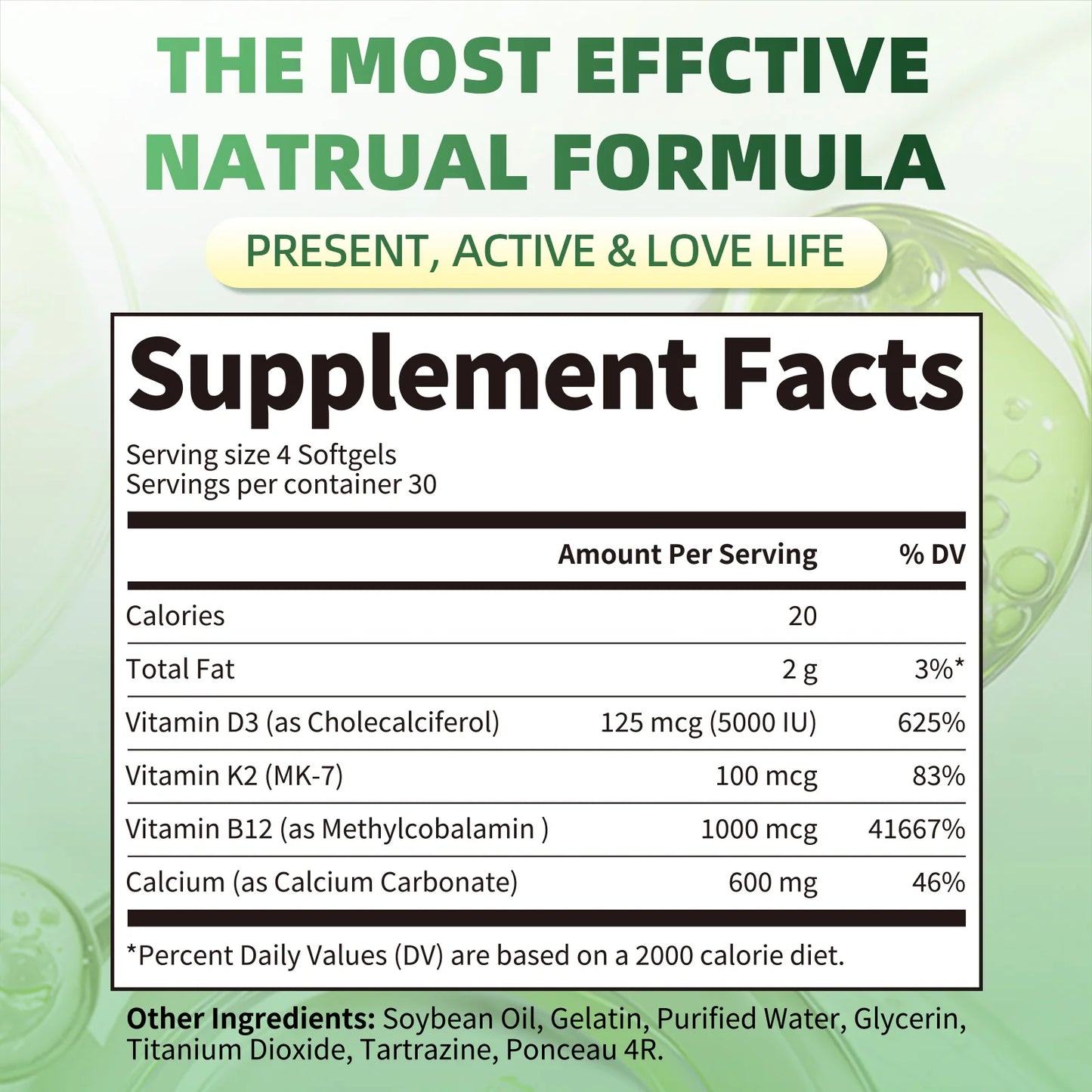 BEWORTH Vitamin D3K2 Calcium Capsules Support Immune Heart，Muscle & Bone Health Help Optimize Calcium Absorption & Distribution