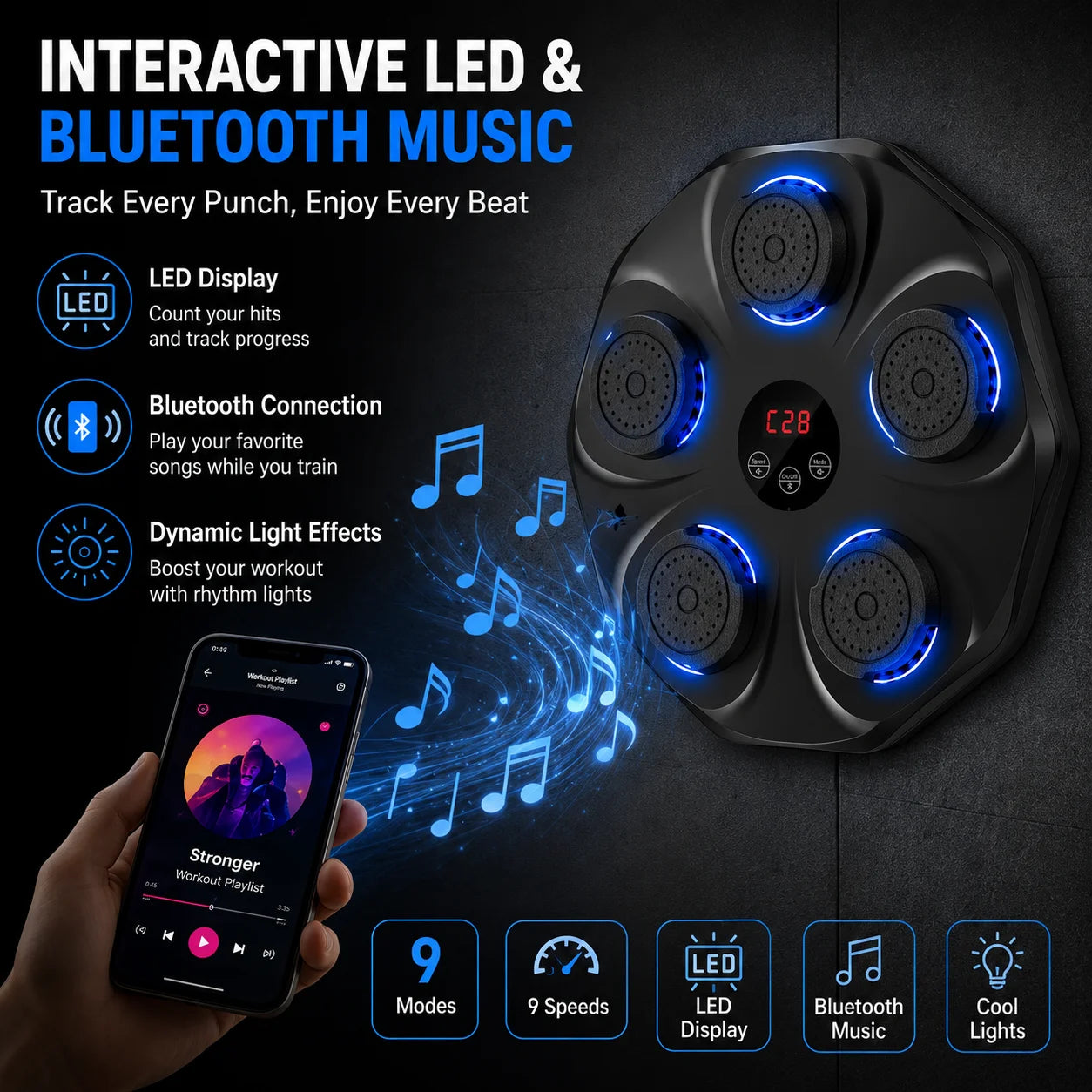 5 Target Smart Music Boxing Trainer LED Indicator Electronic Boxing Wall Target Bluetooth Sync Rhythm Count Display Multi Training Mode Professional Boxing Reaction Exercise Fitness Machine Complete Boxing Kit