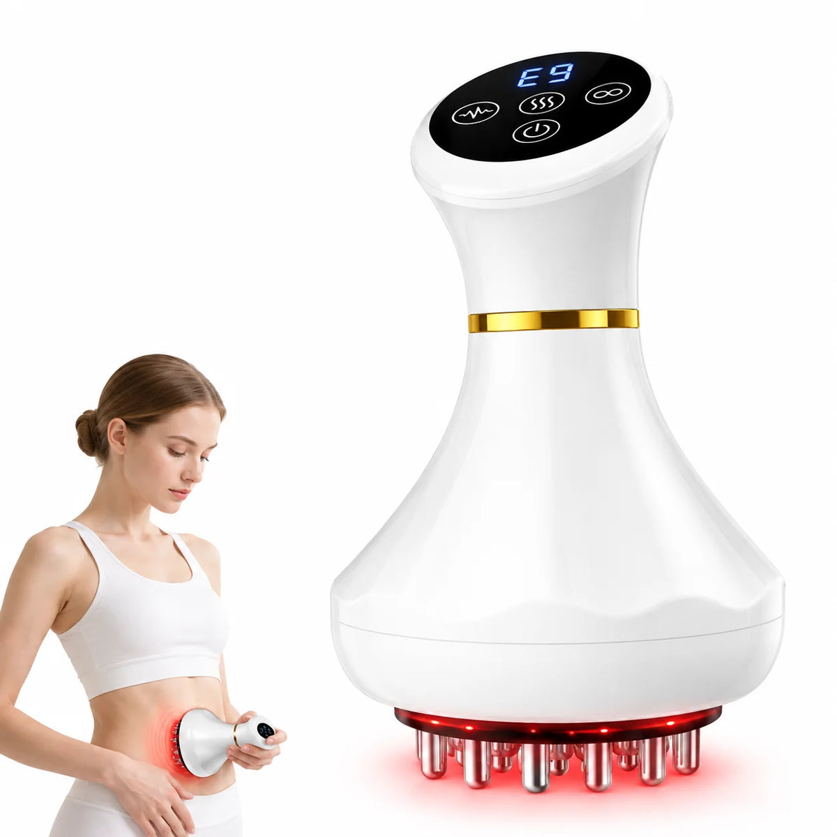 KTS Abdominal Massager Red Light Therapy Belly Waist Massage Device with Hot Compress Vibration Pulse 3 Modes 9 Adjustable Levels Digital Display Handheld Body Sculpting Cellulite Massager for Women Stomach Waist Home Fitness
