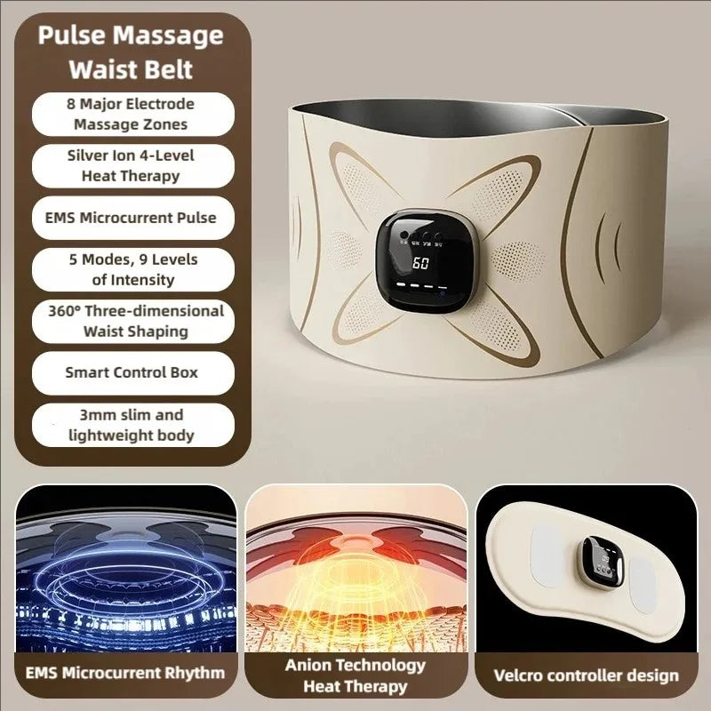 EMS Waist Massager Belt Electric Muscle Stimulator Abdominal Abs Trainer Pulse Slimming Shaping Massager Incontinence Therapy Heating Back Pain Relief Belt Core Weight Loss Fitness Vibration Waist Trimmer Stomach Heating Pad