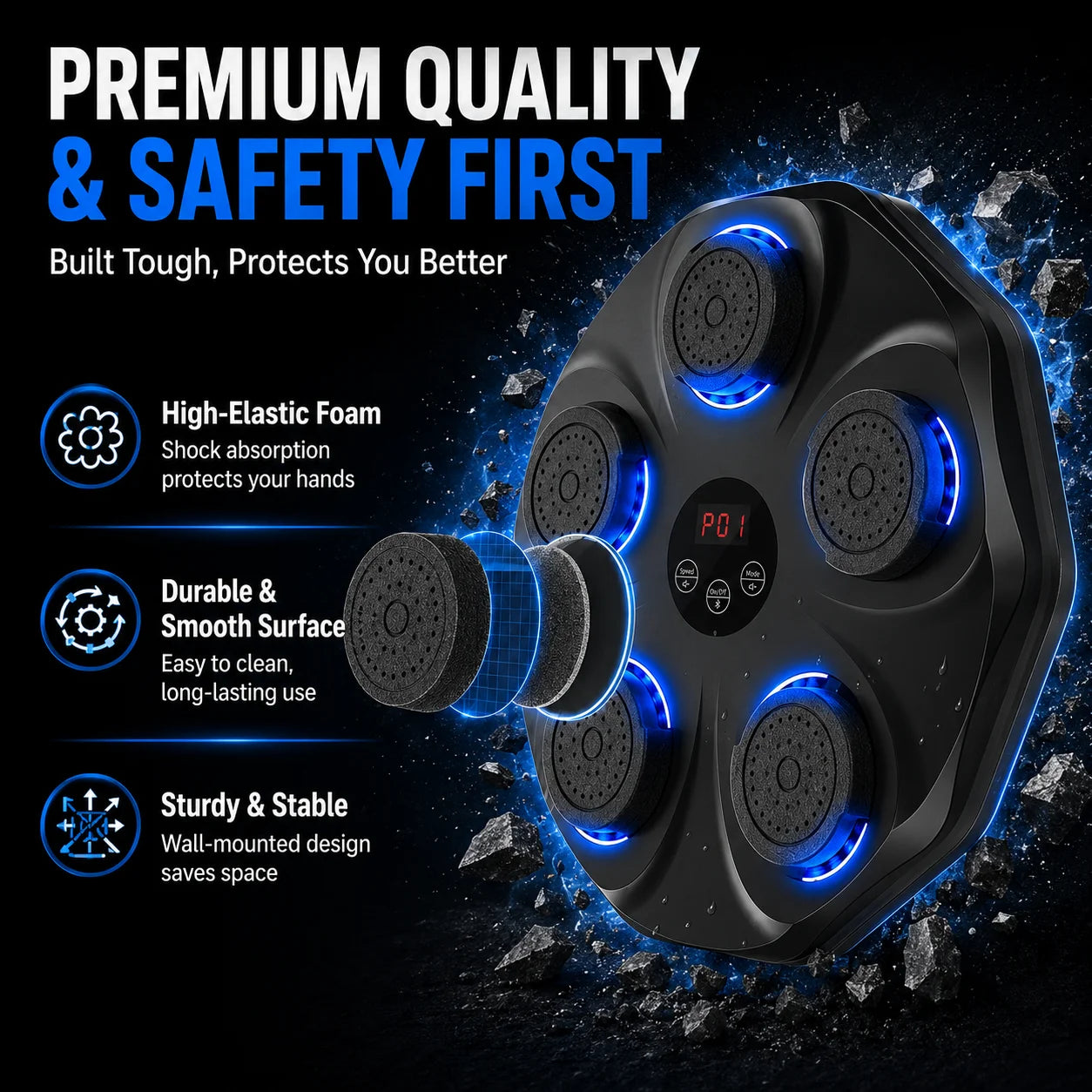 5 Target Smart Music Boxing Trainer LED Indicator Electronic Boxing Wall Target Bluetooth Sync Rhythm Count Display Multi Training Mode Professional Boxing Reaction Exercise Fitness Machine Complete Boxing Kit
