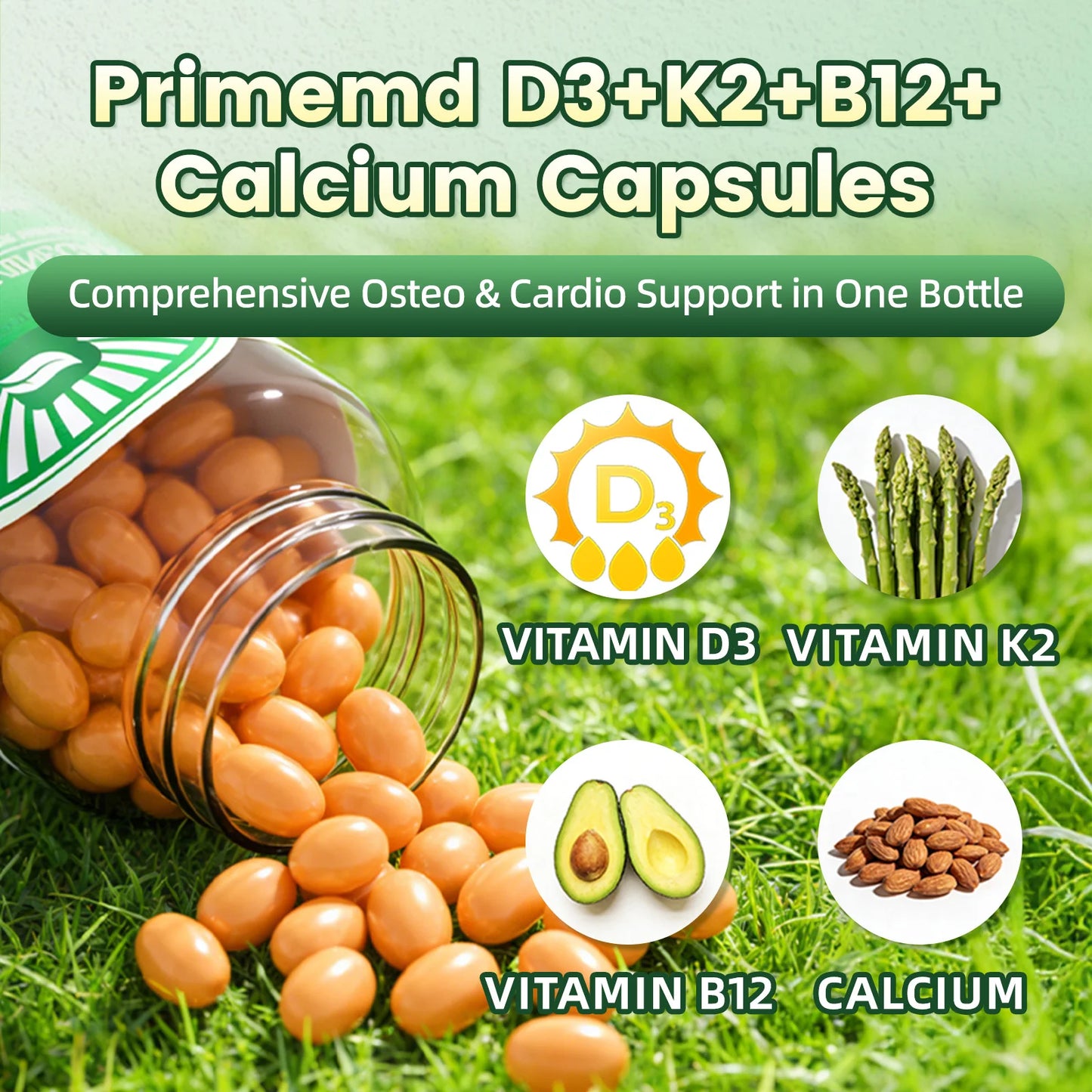 BEWORTH Vitamin D3K2 Calcium Capsules Support Immune Heart，Muscle & Bone Health Help Optimize Calcium Absorption & Distribution