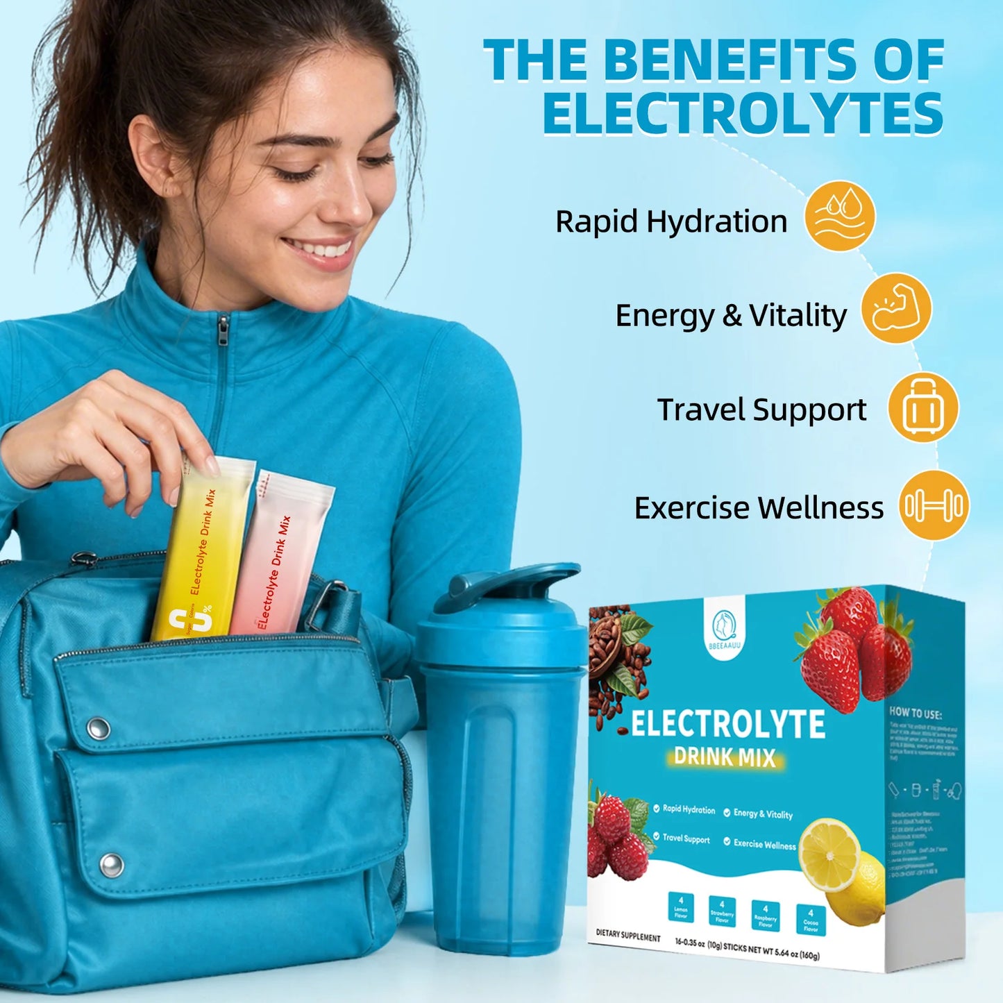 BBEEAAUU Sugar Free & 0 Calories Electrolyte Powder Mixture Electrolyte Drinks Quickly Hydrate Provide Endurance & Energy Support