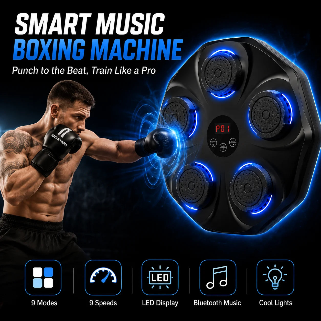 5 Target Smart Music Boxing Trainer LED Indicator Electronic Boxing Wall Target Bluetooth Sync Rhythm Count Display Multi Training Mode Professional Boxing Reaction Exercise Fitness Machine Complete Boxing Kit