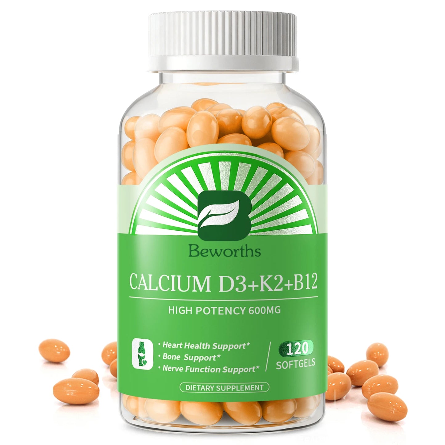 BEWORTH Vitamin D3K2 Calcium Capsules Support Immune Heart，Muscle & Bone Health Help Optimize Calcium Absorption & Distribution