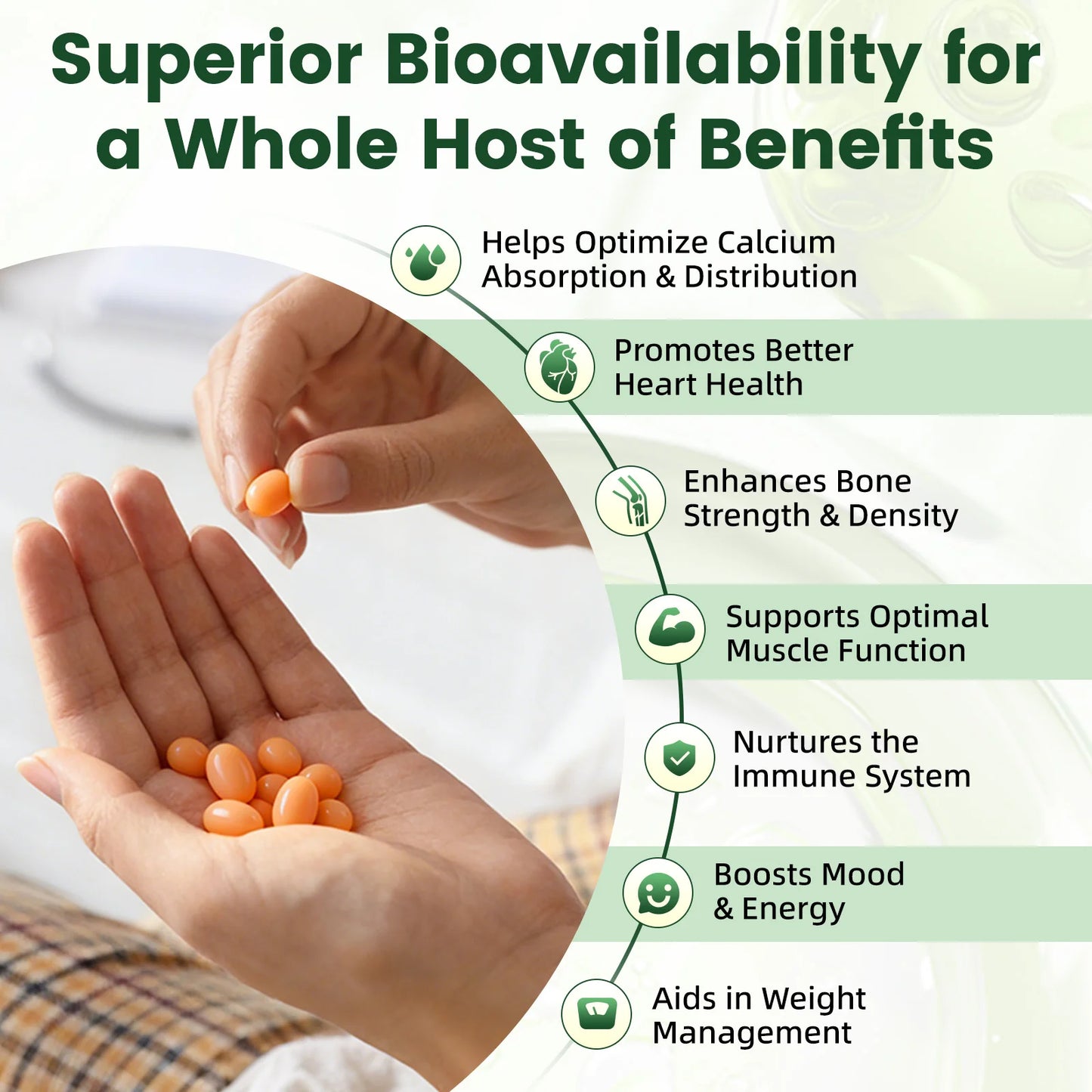 BEWORTH Vitamin D3K2 Calcium Capsules Support Immune Heart，Muscle & Bone Health Help Optimize Calcium Absorption & Distribution