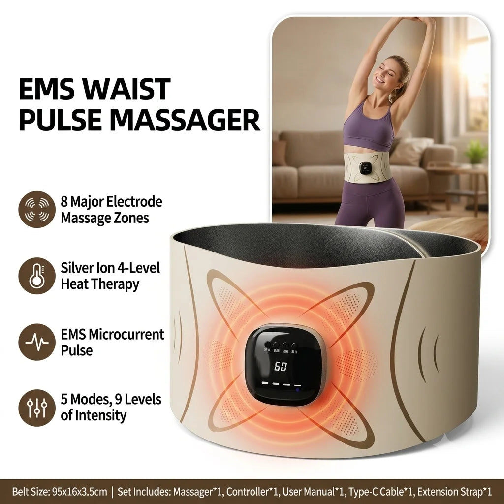 EMS Waist Massager Belt Electric Muscle Stimulator Abdominal Abs Trainer Pulse Slimming Shaping Massager Incontinence Therapy Heating Back Pain Relief Belt Core Weight Loss Fitness Vibration Waist Trimmer Stomach Heating Pad