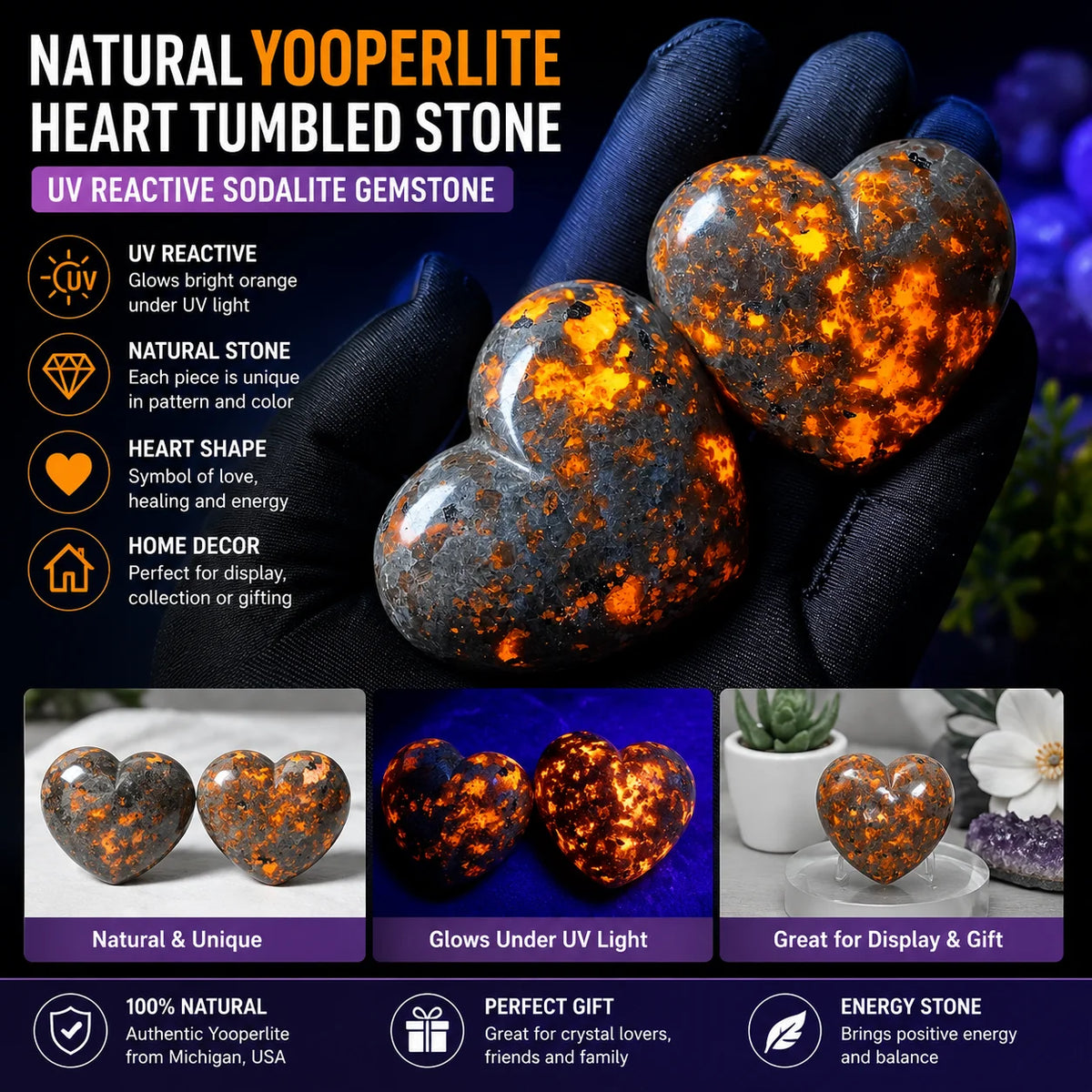 Natural Yooperlite Heart Stone UV Reactive Sodalite Glowing Tumbled Gemstone Crystal for Home Decor Collection Gift
