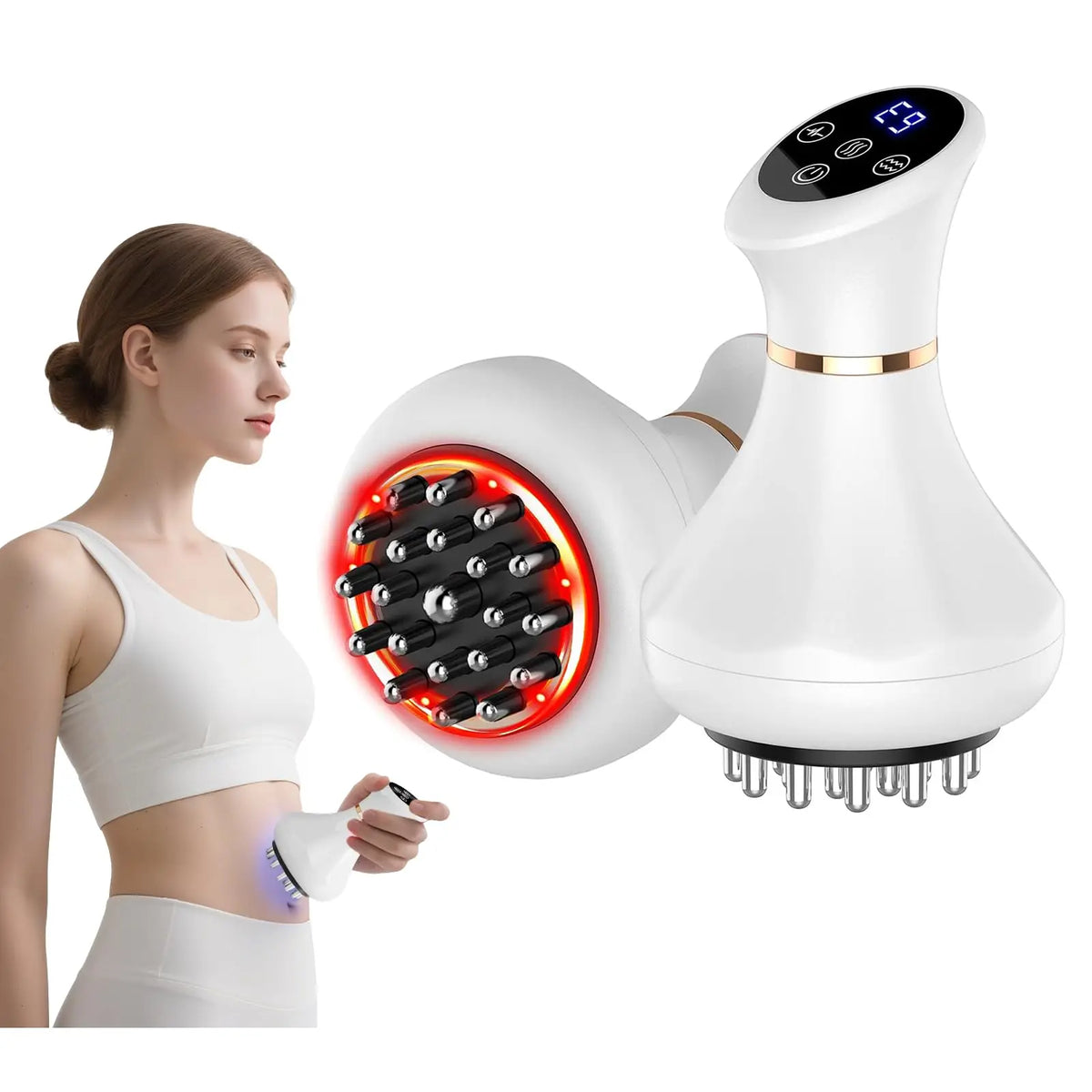 KTS Abdominal Massager Red Light Therapy Belly Waist Massage Device with Hot Compress Vibration Pulse 3 Modes 9 Adjustable Levels Digital Display Handheld Body Sculpting Cellulite Massager for Women Stomach Waist Home Fitness