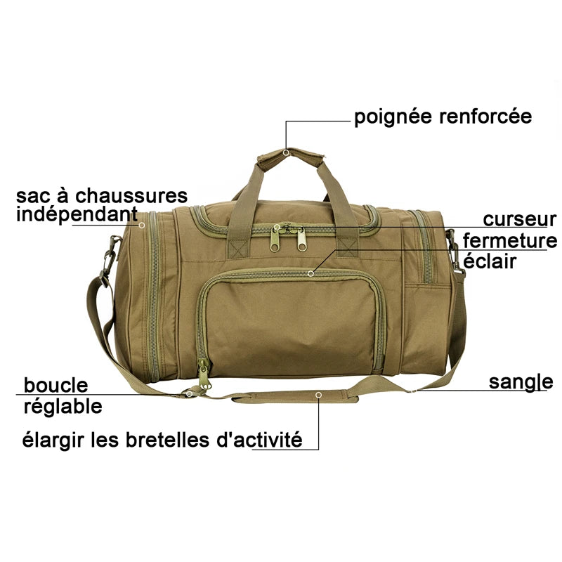 Military Tactical Travel Bag Men Outdoor Handbag Sports Luggage Bags Weekend Gym Hiking Trekking Bag with Shoes Compartment