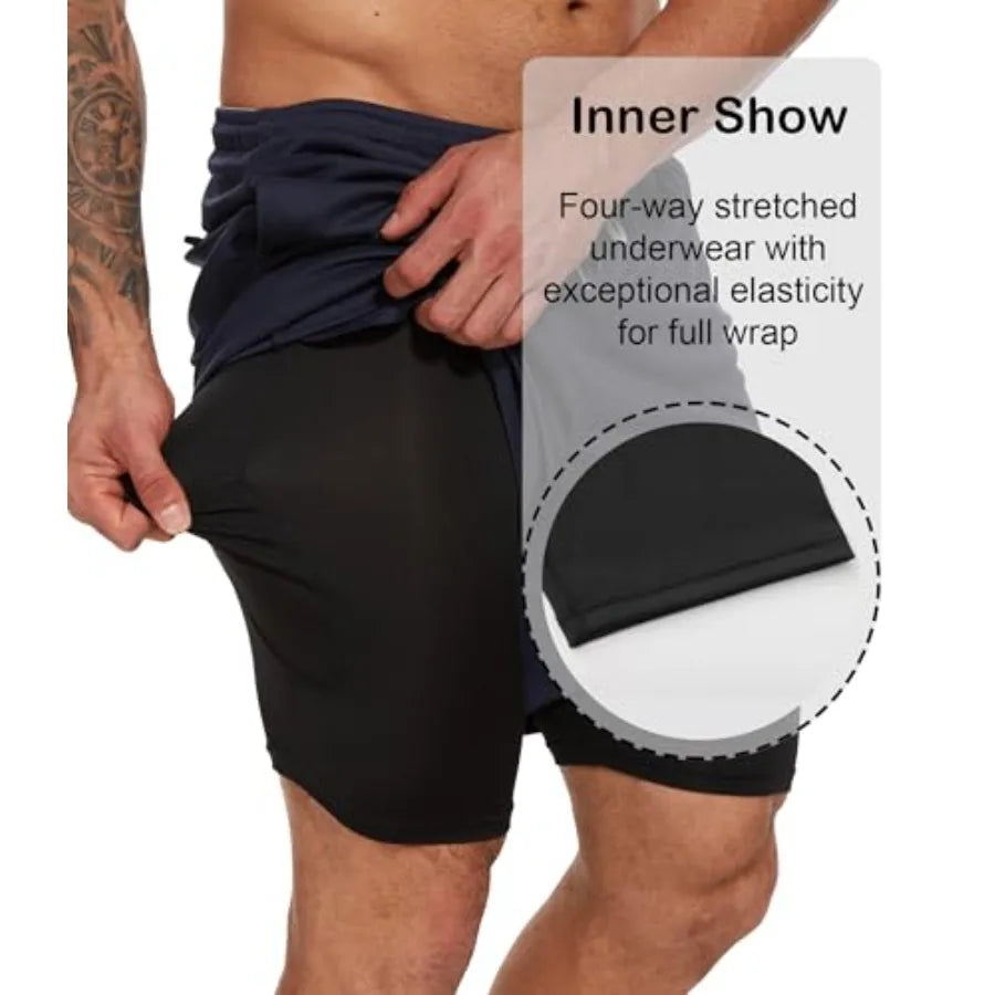 Kinglaman 4 Pack Mens 2 in 1 Running Workout Shorts with Liner, Gym Athletic Quick Dry Sport Shorts with Pockets