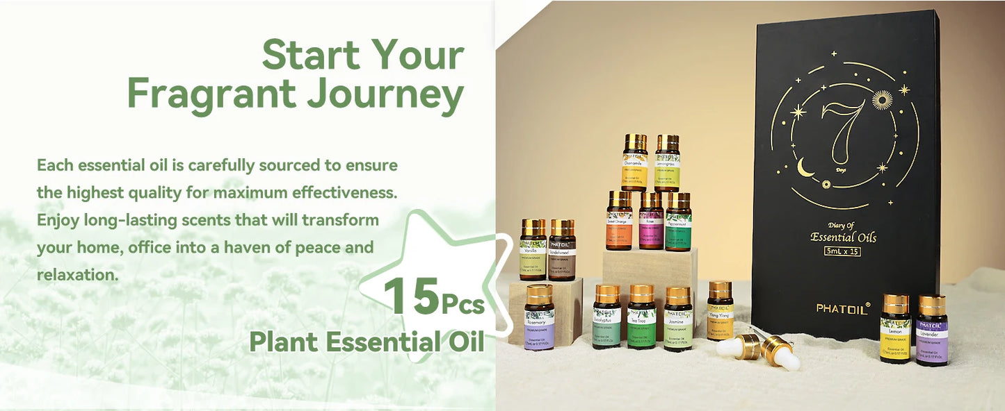 PHATOIL 15PCS Aromatherapy Essential Oil Set For Diffuser-5ml Cinnamon Lavender Eucalyptus Peppermint Lemon Vanilla Aroma Oils