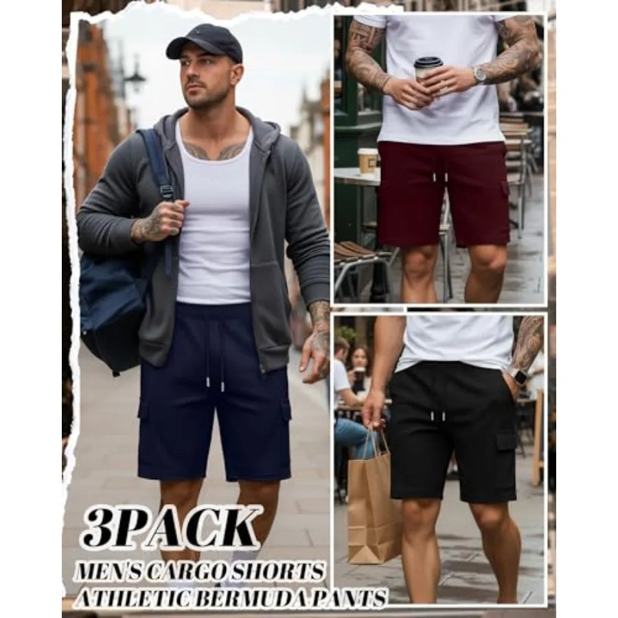 3 Pack Mens Cargo Shorts Summer Athletic 9" Sweat Shorts Drawstring Elastic Waist Bermuda Pants with 4 Pockets