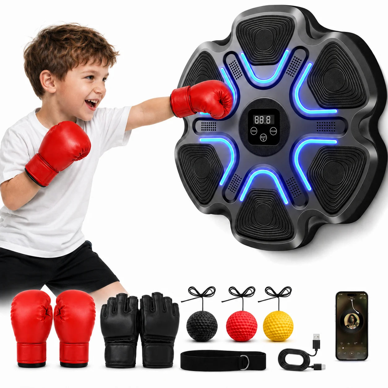 Hexagonal Music Boxing Machine with Gloves for Kids Adults Smart Boxing Target 9 Speed Modes 9 Levels 2 Pairs Gloves Black Red 6 Long 2 Short Velcro Strips Easy Install No Drilling Home Fitness Gift for Family Teen Boys