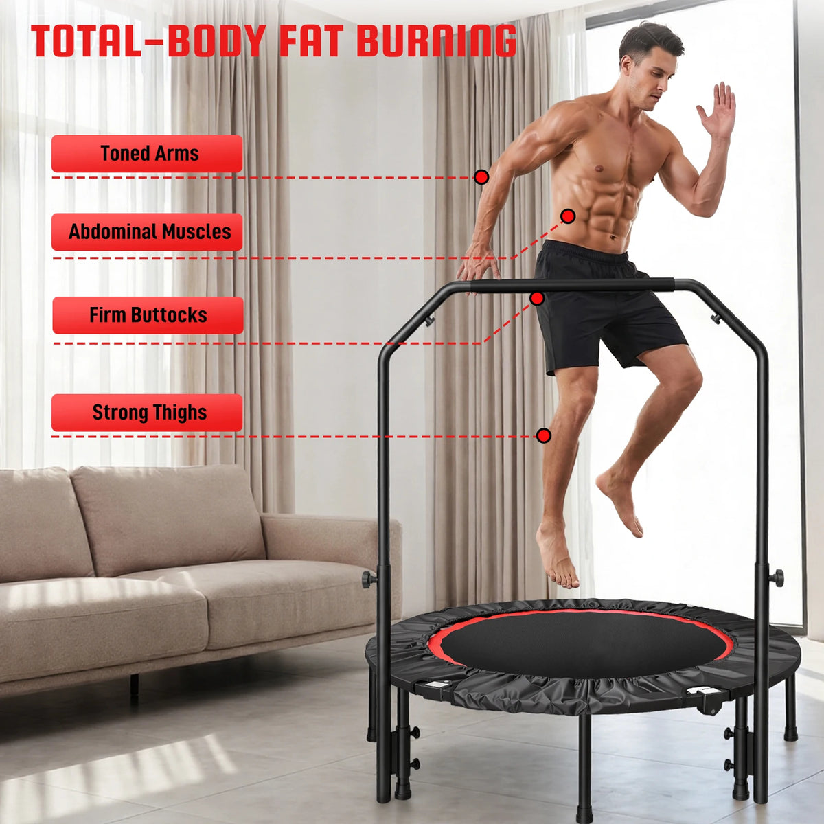 40-Inch Folding Rebounder Trampoline Fitness with Handlebar 716 lbs Weight Capacity Tool Free Assembly for Adults & Kids – Indoor & Outdoor Cardio Fat Burning & Body Shaping