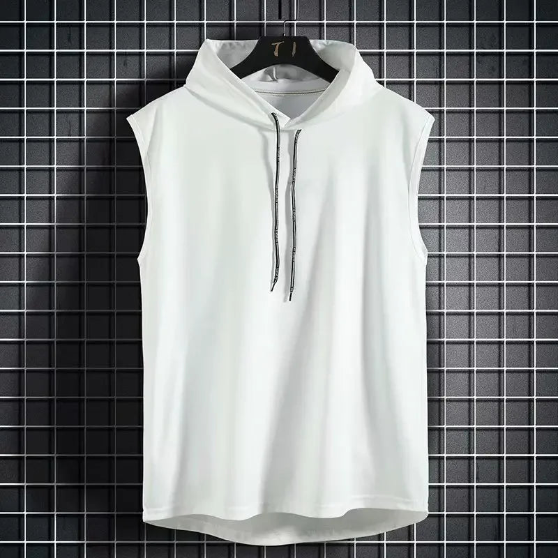 Men's lace up hooded sleeveless vest, men's summer loose solid color hip-hop T-shirt top, sports vest