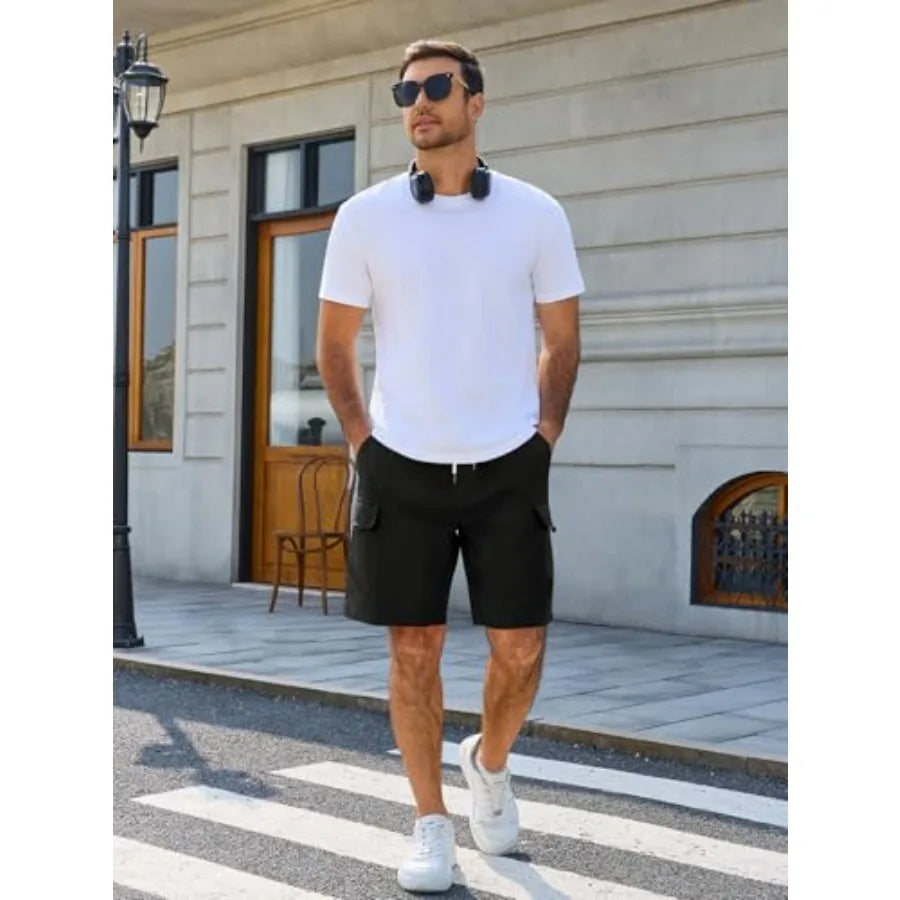 Runcati Mens Cargo Shorts Elastic Waist Drawstring Casual Work Shorts Summer Hiking Outdoor Shorts with 4 Pockets