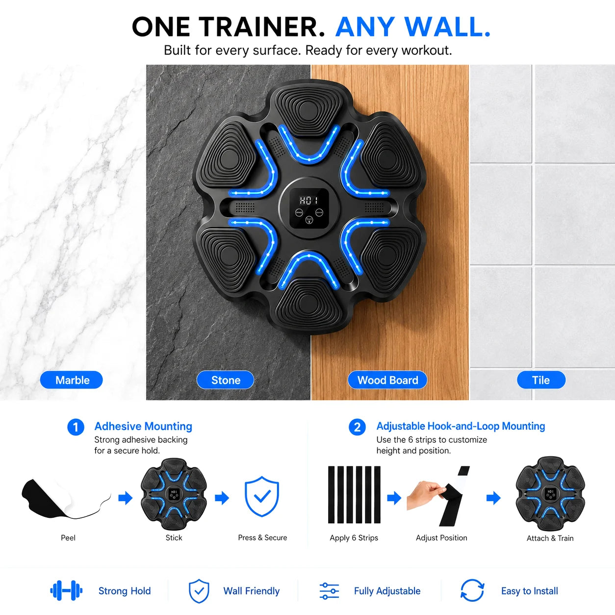 Hexagonal Music Boxing Machine with Gloves for Kids Adults Smart Boxing Target 9 Speed Modes 9 Levels 2 Pairs Gloves Black Red 6 Long 2 Short Velcro Strips Easy Install No Drilling Home Fitness Gift for Family Teen Boys