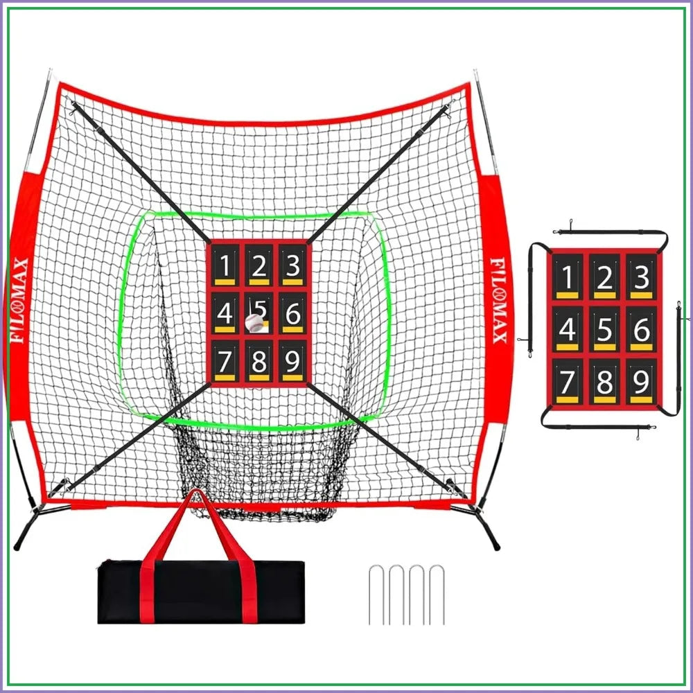 7x7 ft Baseball & Softball Practice Net with 9 Numbered Strike Zone | PRO Training Net for Hitting, Pitching & Batting | with Carry Bag, Bow Frame for All Ages & Skills