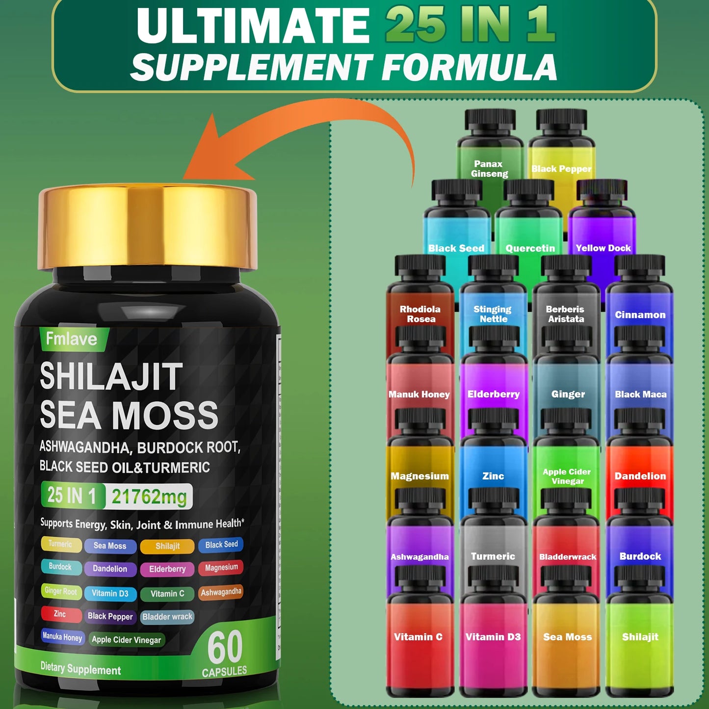 Sea Moss Shilajit Ashwagandha , Sea Moss Capsule Supplement with Turmeric Burdock Root Bladderwrack Vitamin C Vitamin D3 Enhanced Immunity & Energy Black Seed Oil Capsule
