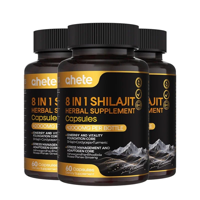 AHETE 8-in-1 Shilajit Capsules - Sports & Health Supplement Capsules With Shilajit, Indian Ginseng, Rhodiola Rosa, Cordyceps.