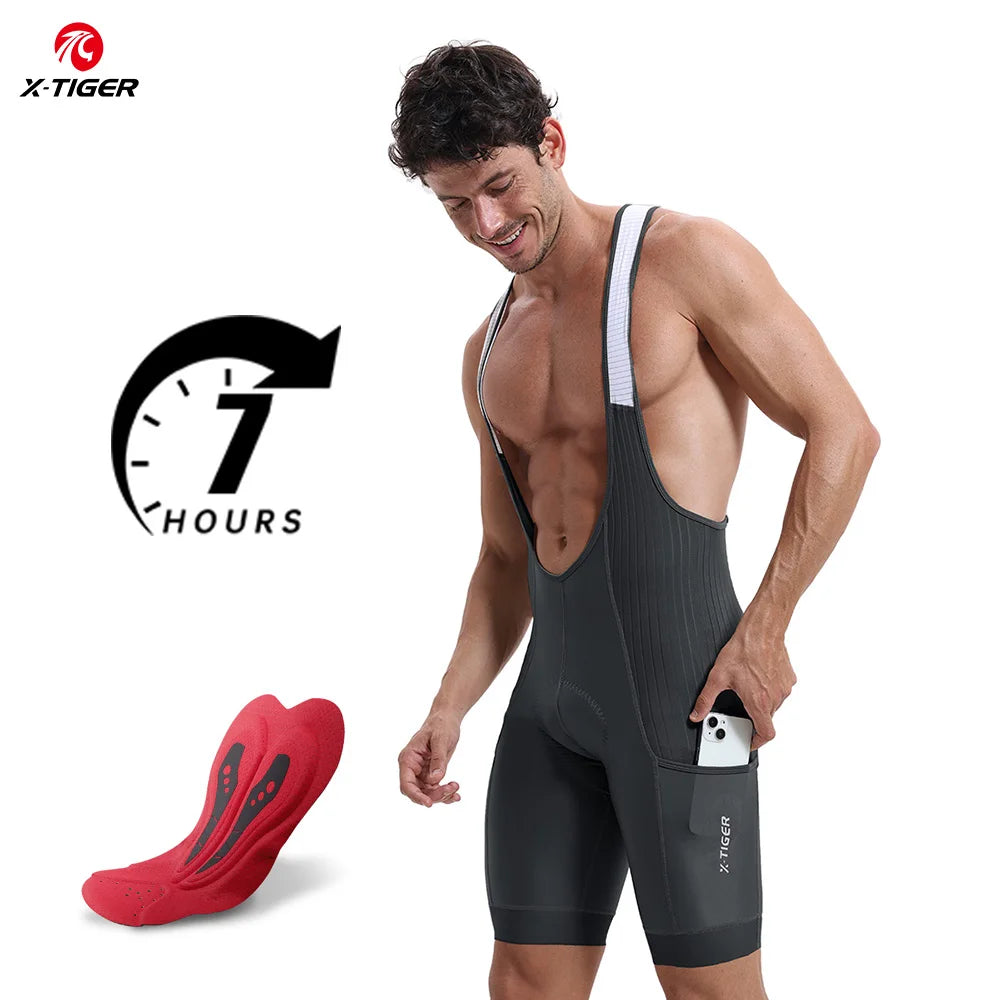 X-TIGER Men Cycling Bib Pants Anti-Slip Leg Grips 7-Hour Ride Padded Summer Riding Bike Bib Shorts with Side Pockets