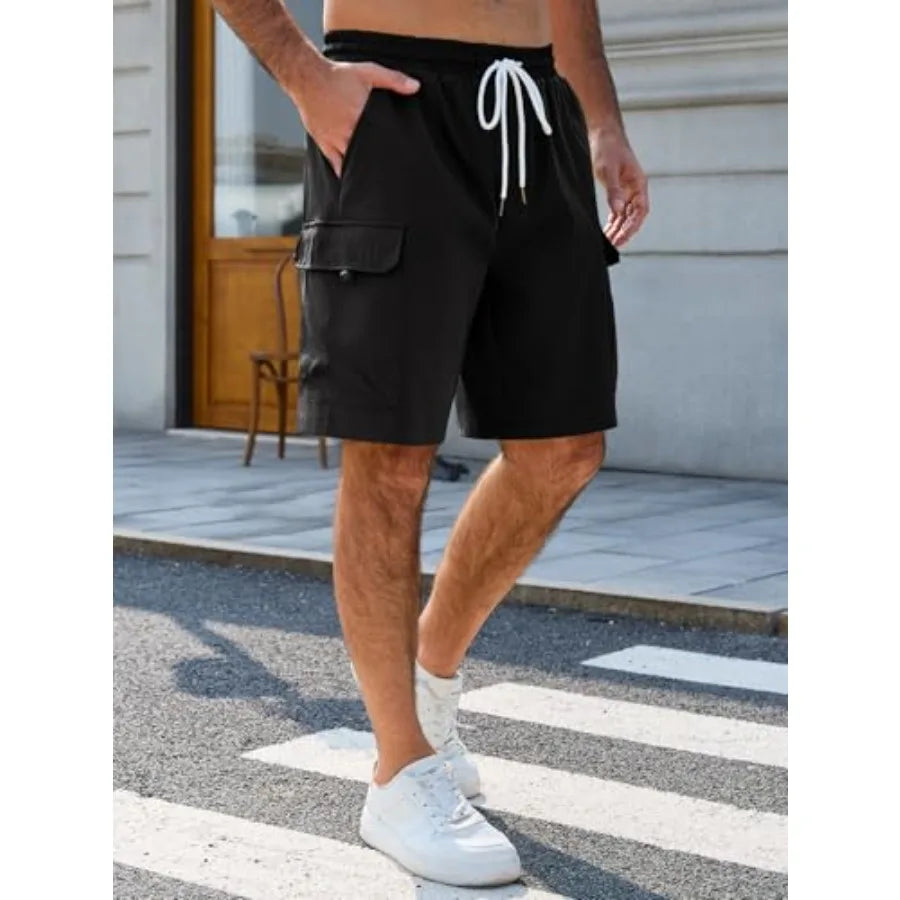 Runcati Mens Cargo Shorts Elastic Waist Drawstring Casual Work Shorts Summer Hiking Outdoor Shorts with 4 Pockets