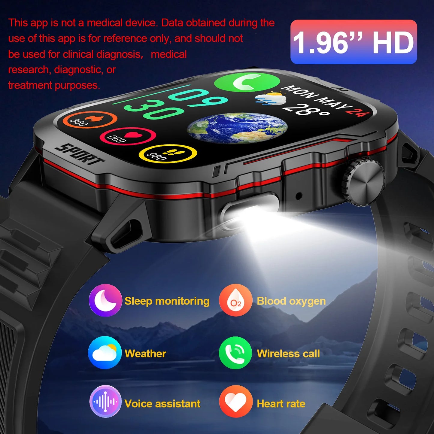 Strong Flashlight Smart Watch for Men/Women, 1.96'' Screen Fitness Tracker with AI Voice Assistant/ Bluetooth Call/ 100+Sports