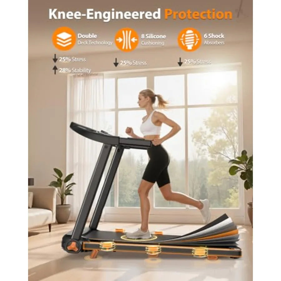 Foldable Treadmill for Home Use: Steel Frame Black Space-Saving Design with 15 Incline Dual LED Display 8.5MPH Speed Bluetooth