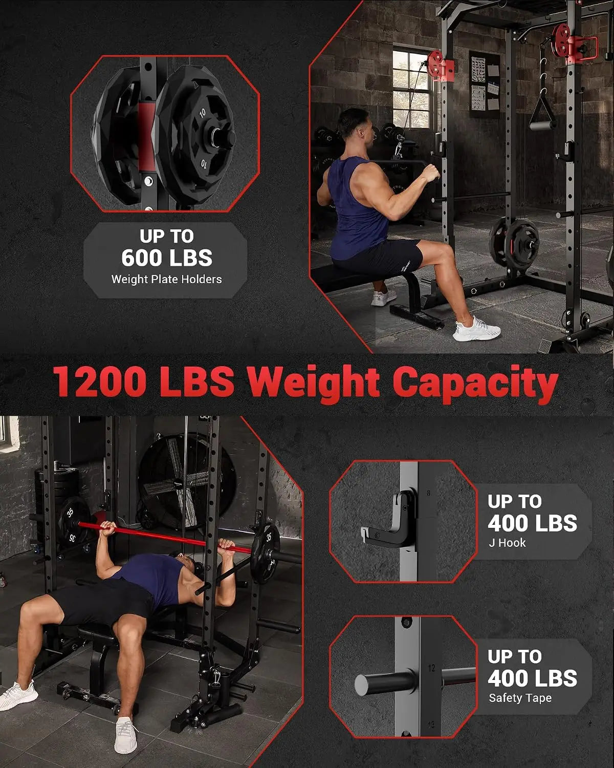 Multi-Functional Power Rack for Home Gym – Dual Pulley Cable System, 1200 lb Capacity Squat Cage with Training Attachments, Red