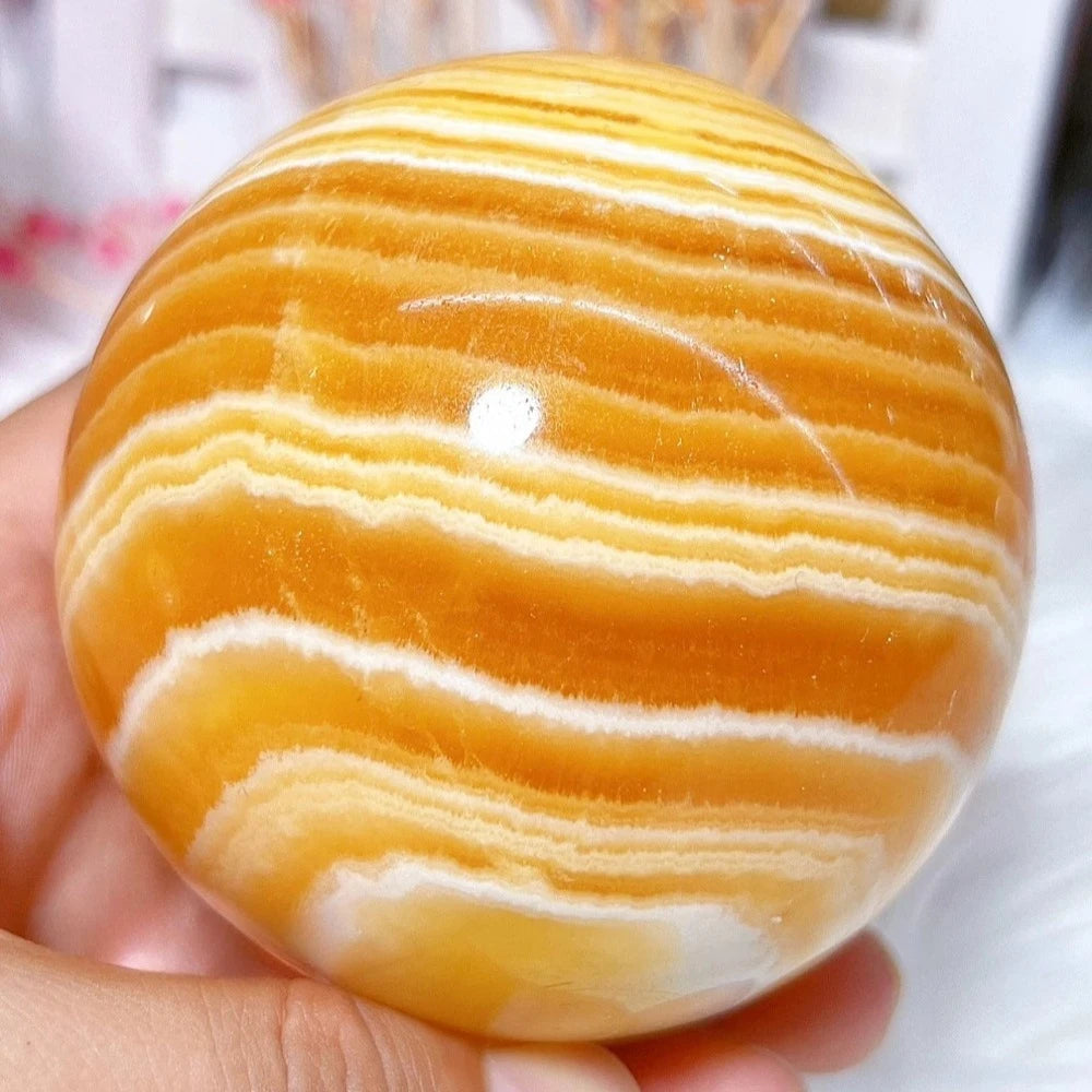 6.5-7cm  Yellow Calcite Sphere Honey Crystal  Home Decor Ball  Healing Stone  Stripes Orange Sphere