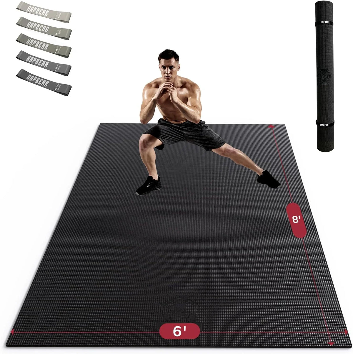 HAPBEAR 7'x5' Large Home Gym Mat 8mm Thick, High Density PVC Commercial Grade Fitness Flooring, Non Slip Shock Absorbing Durable Exercise Mat for CrossFit HIIT Cardio Strength Training, with Bands & Bag