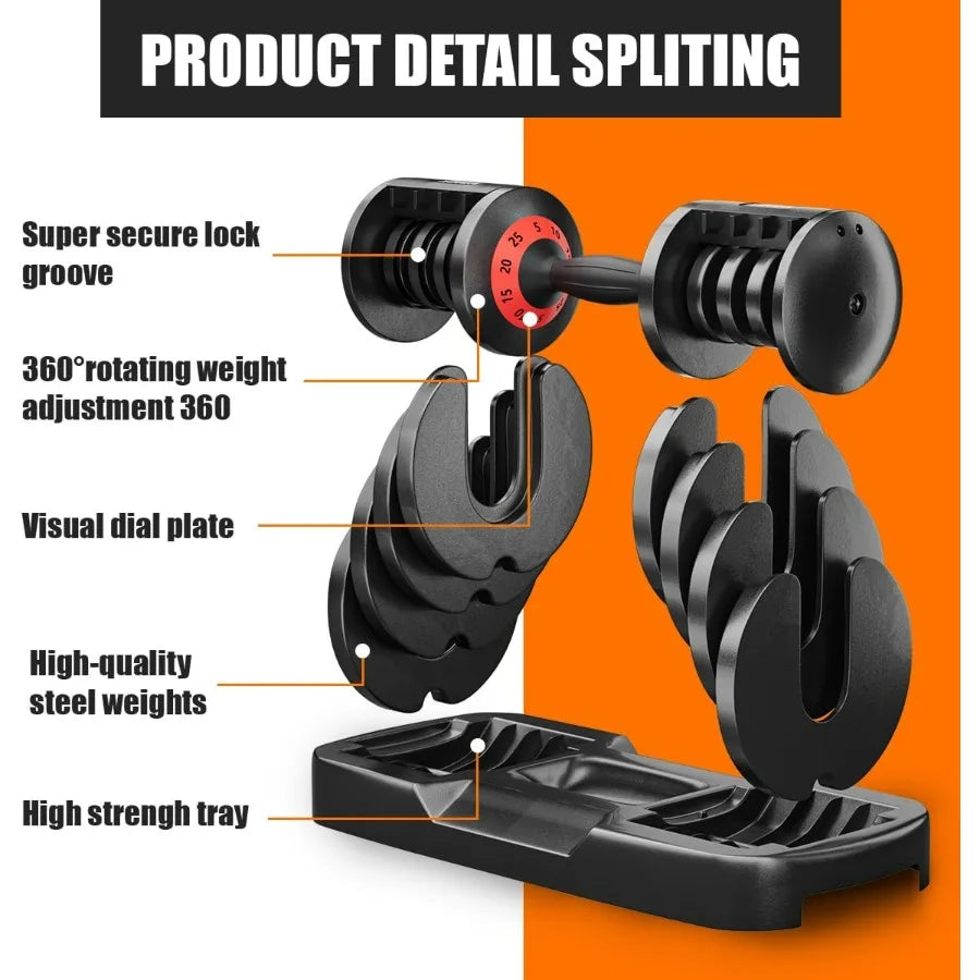 25 lbs Adjustable Dumbbell with Anti-Slip Turning Handle, Fast Adjust Weight for Men Women, Exercise Equipment with Tray for Hom
