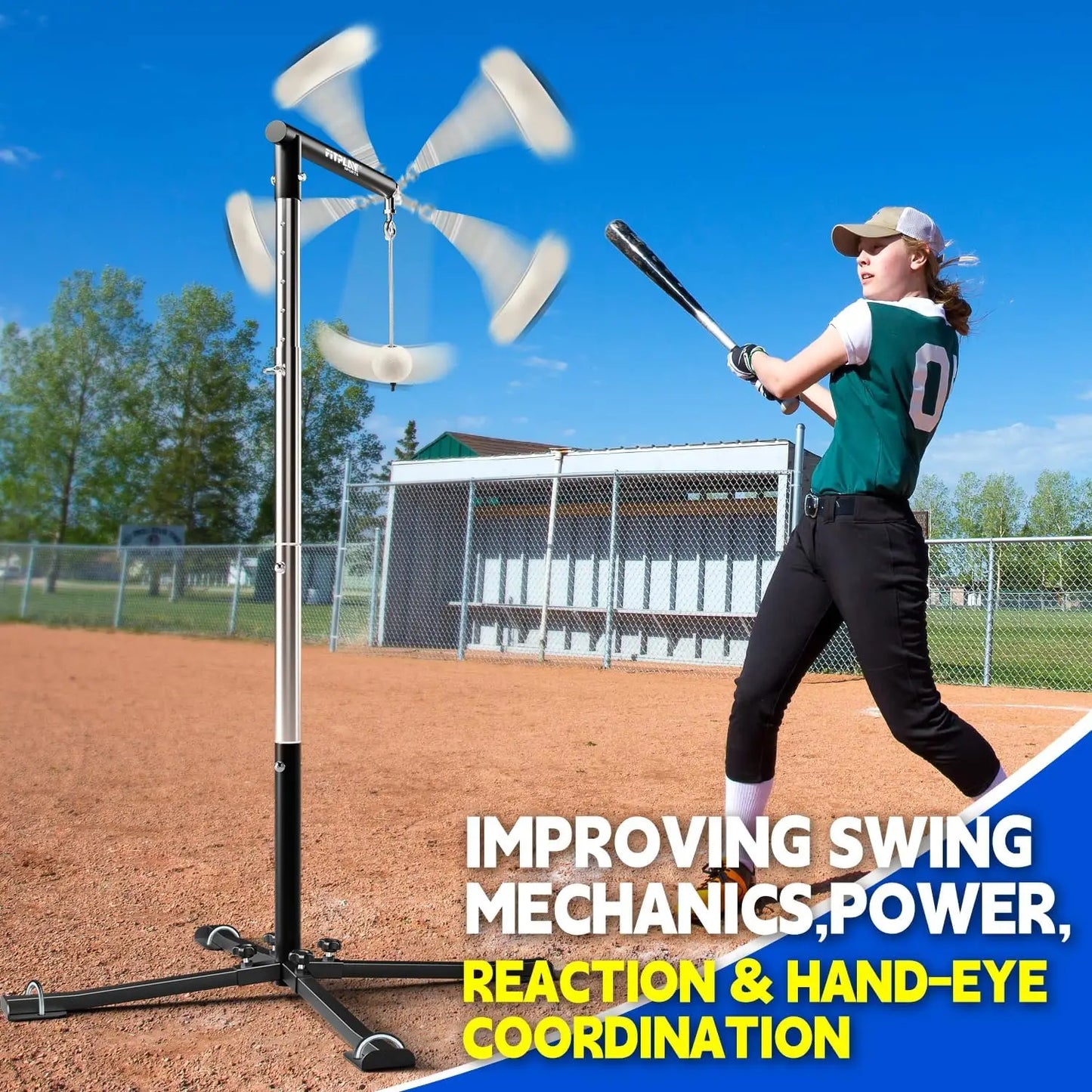 Height Adjustable Batting Tee with Tethered Ball, 20" to 45" | Metal X-Base with 4 Ground Stakes & 2 Sandbags for Maximum Stability – Baseball & Softball Hitting Trainer