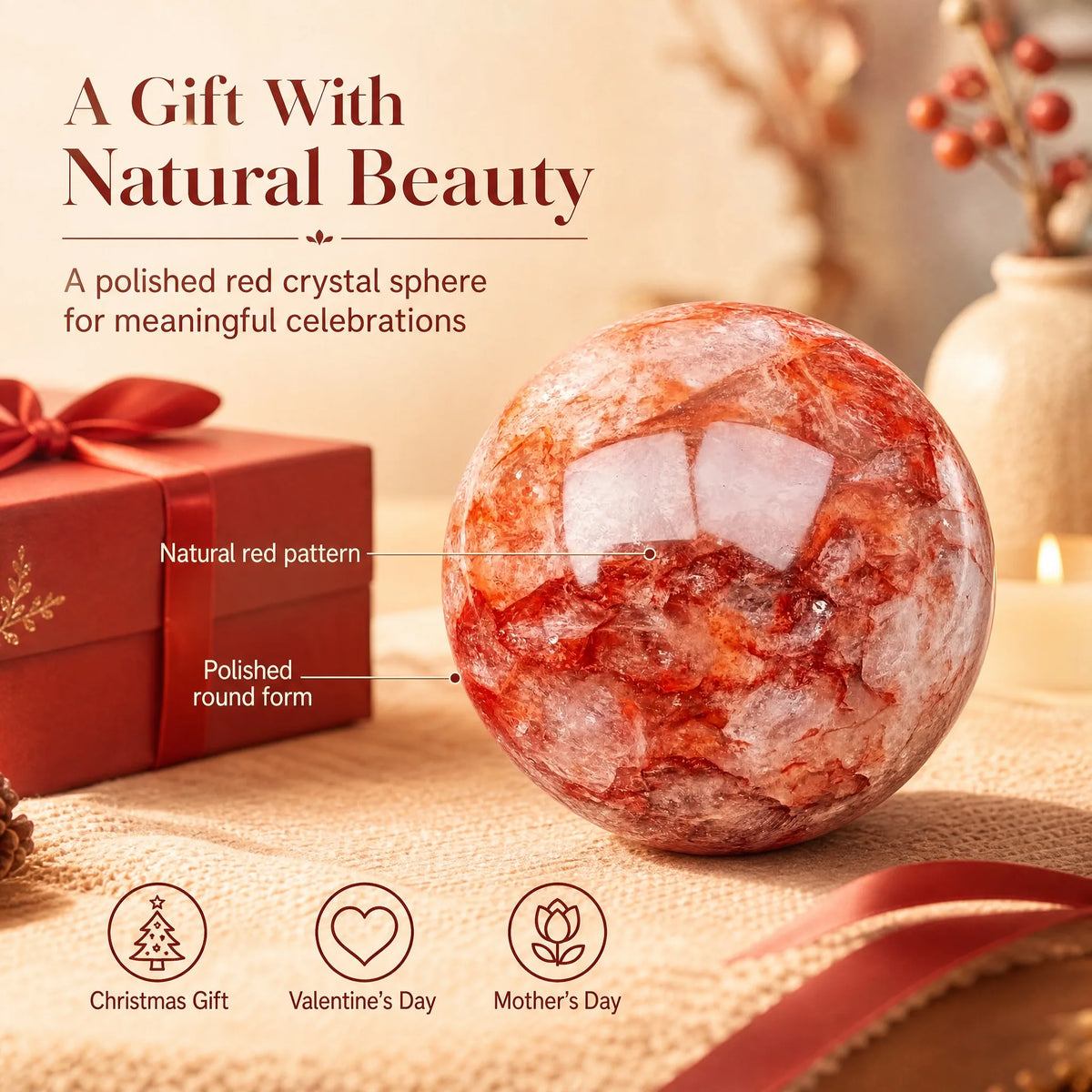 A red gel flower crystal ball, polished round body, random style, suitable for home decoration, tabletop or fireplace frame, elegant gift for Christmas, Valentine's Day, Mother's Day, Thanksgiving, elegant design, polished su