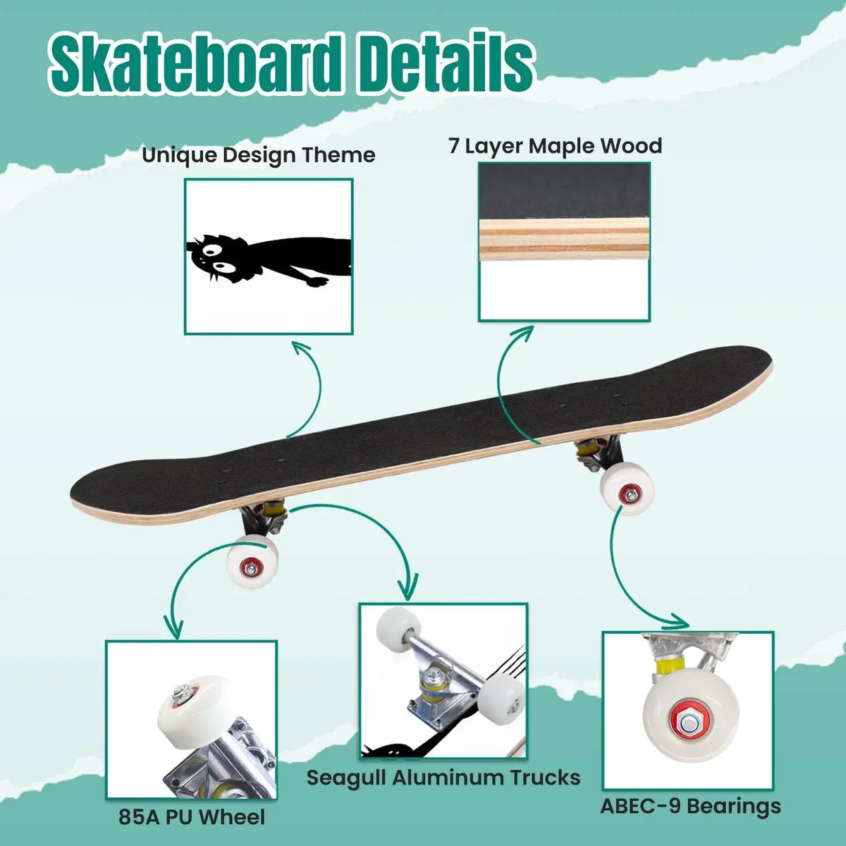 Skateboards Black cat Scratching The Wall Silhouette of Cartoon cat ClimThe Classic Concave