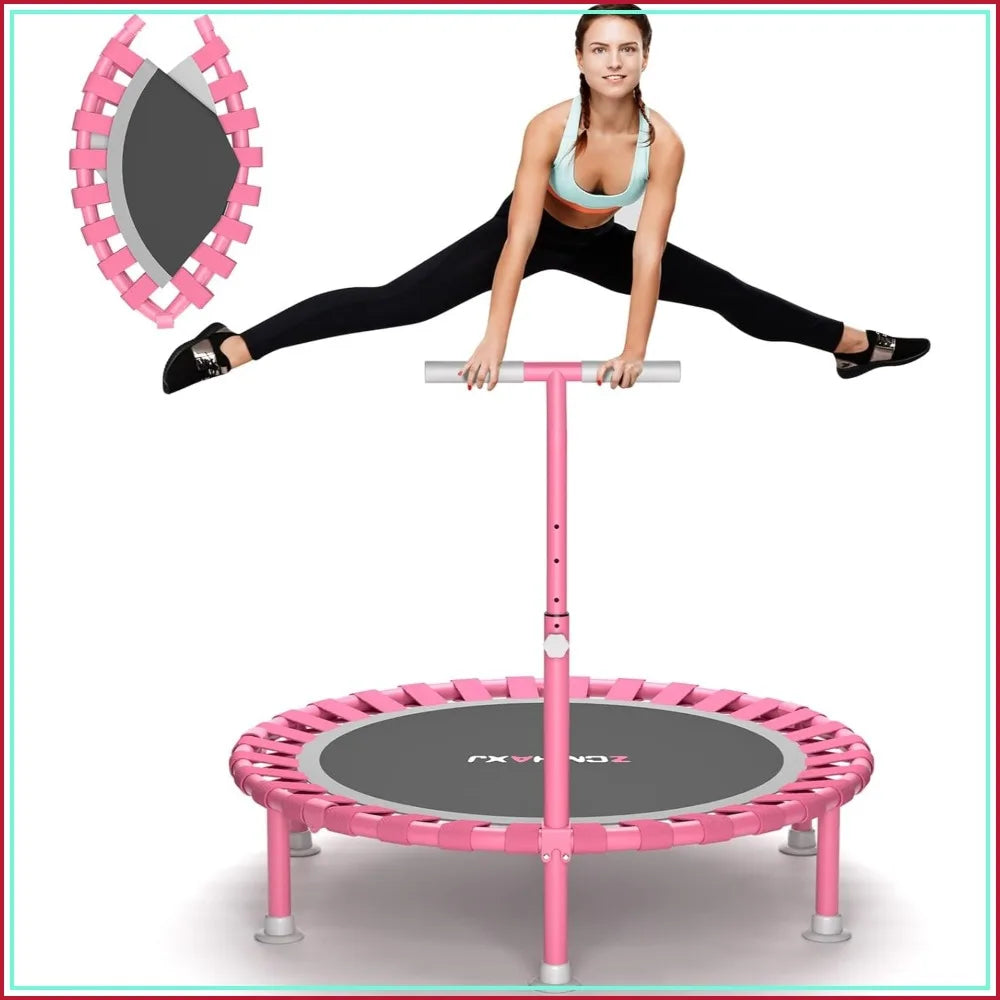 40" Foldable Mini Trampoline, 450lbs Capacity with T-Shaped Adjustable Bar for Adults & Kids, Indoor Fitness Rebounder