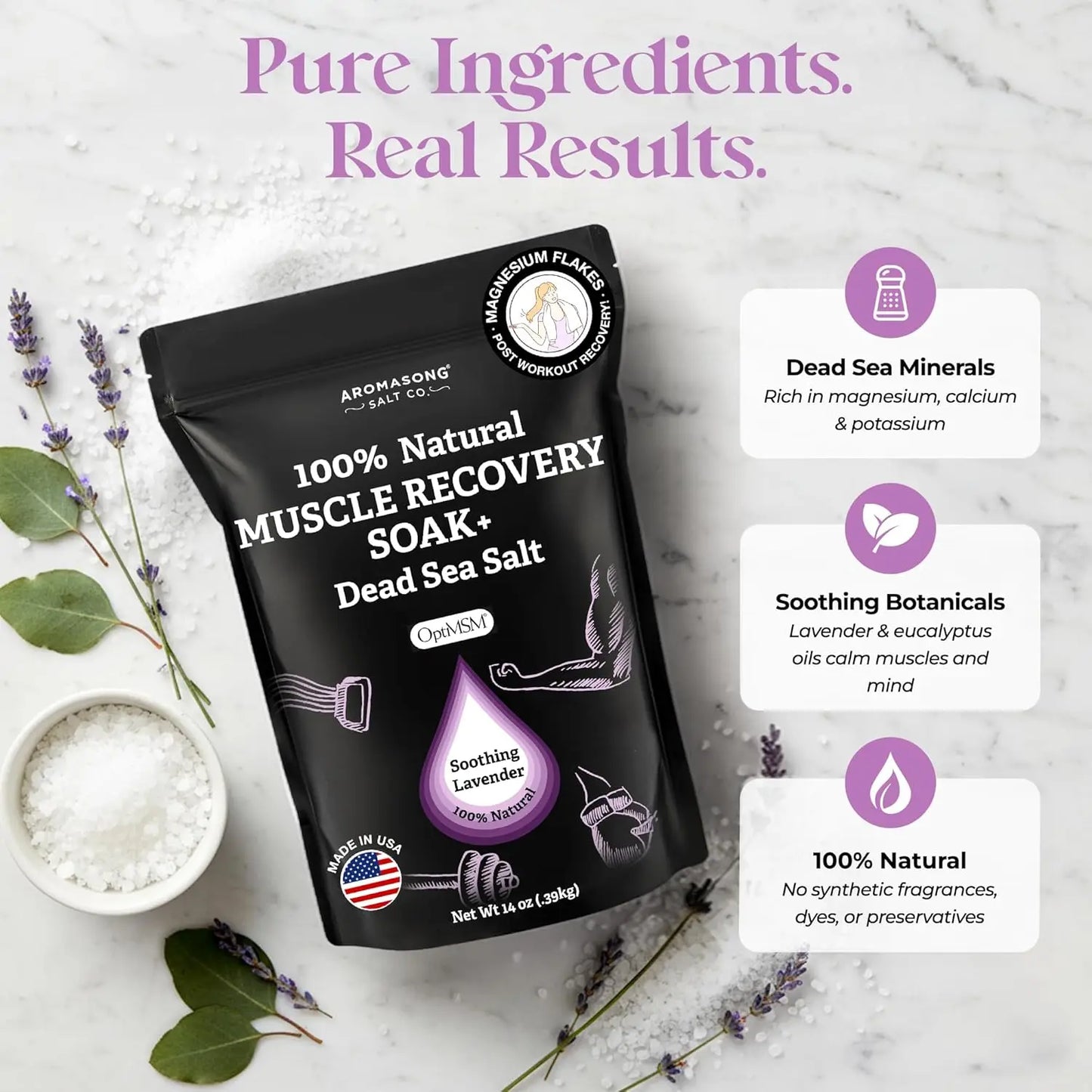 Muscle Recovery Bath Soak with Dead Sea Salt, OptiMSM, Magnesium Flakes & Essential Oils for Post Workout Soreness - Made in USA